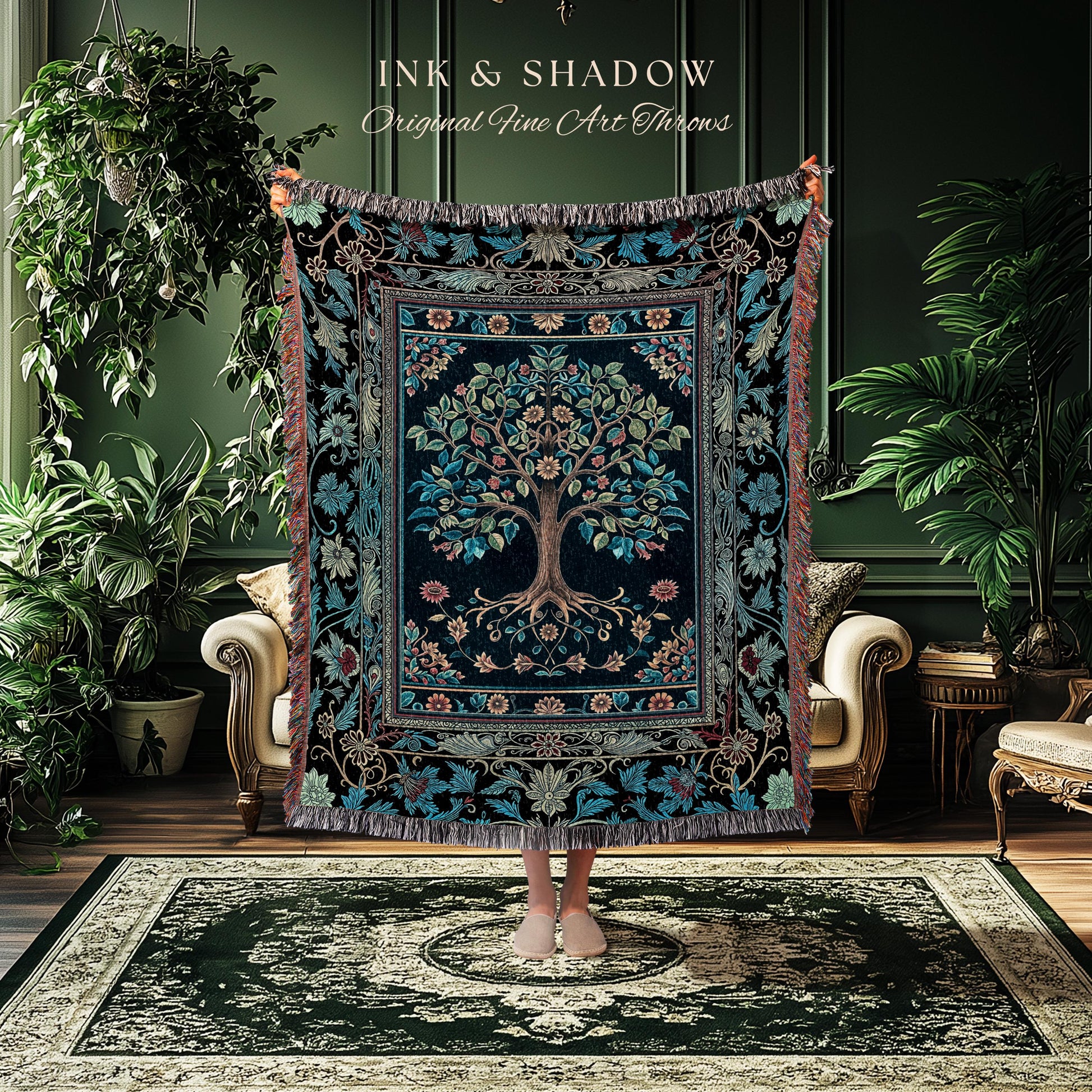 Moody Gothic Blues Tree of Life Throw Blanket | Mystical Garden Theme Vintage Floral Decor Romantic Folk Art Forestcore Woven Tapestry Boho