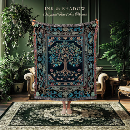 Moody Gothic Blues Tree of Life Throw Blanket | Mystical Garden Theme Vintage Floral Decor Romantic Folk Art Forestcore Woven Tapestry Boho