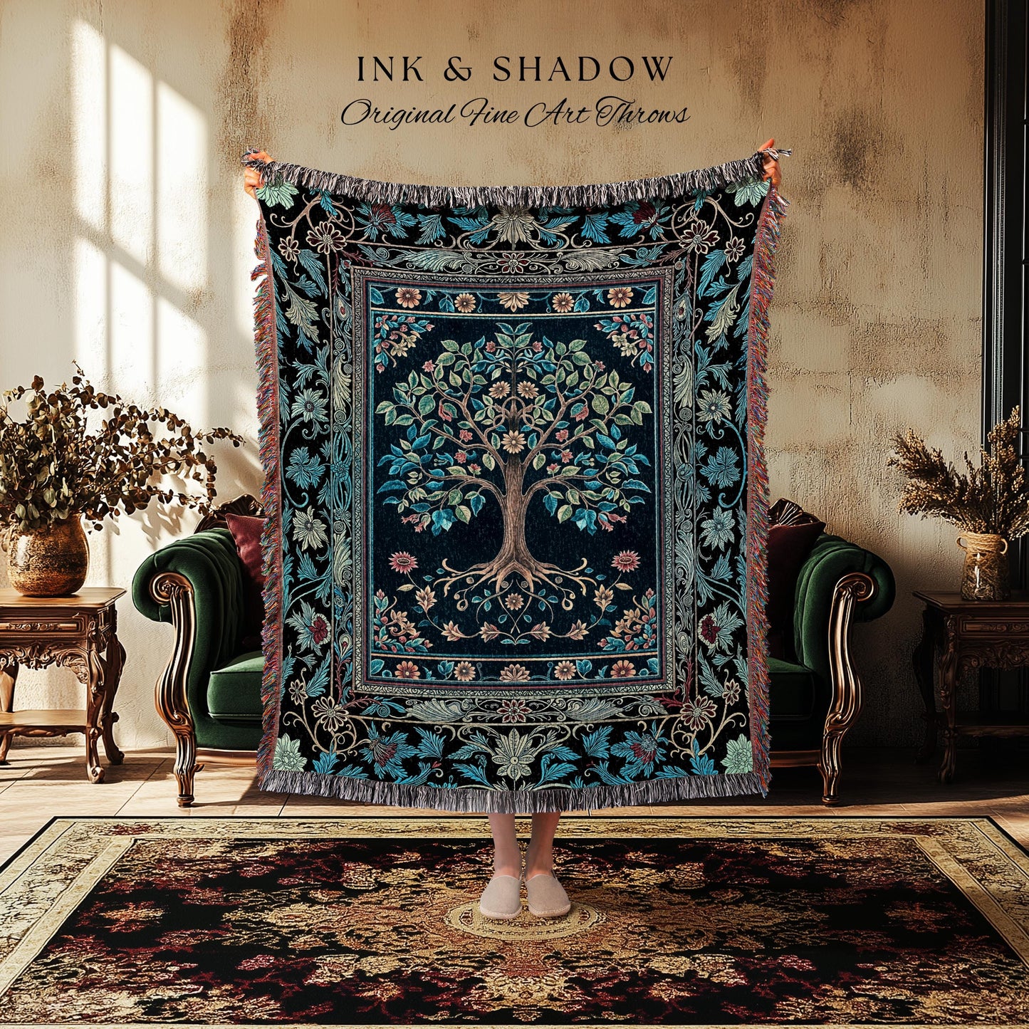 Moody Gothic Blues Tree of Life Throw Blanket | Mystical Garden Theme Vintage Floral Decor Romantic Folk Art Forestcore Woven Tapestry Boho