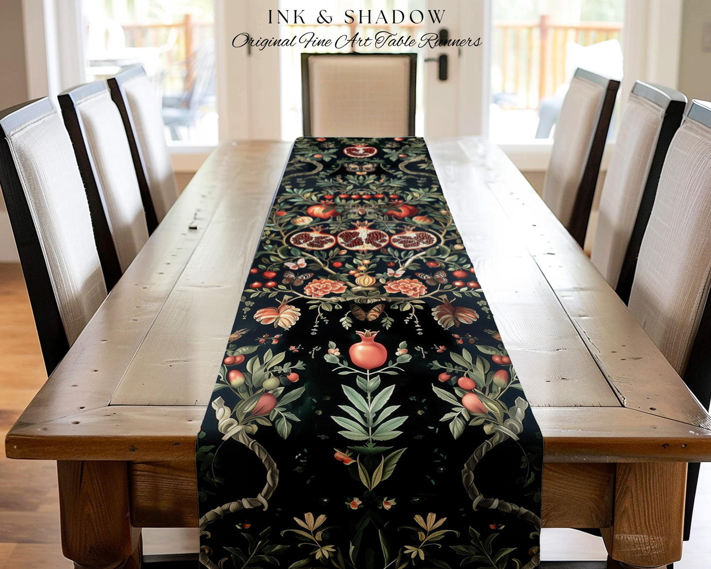Botanical Pomegranate Table Runner Enchanted Floral Whimsigothic | Dark Academia Woodland Gothic Vintage Cottagegoth Occult Altar Decor Boho