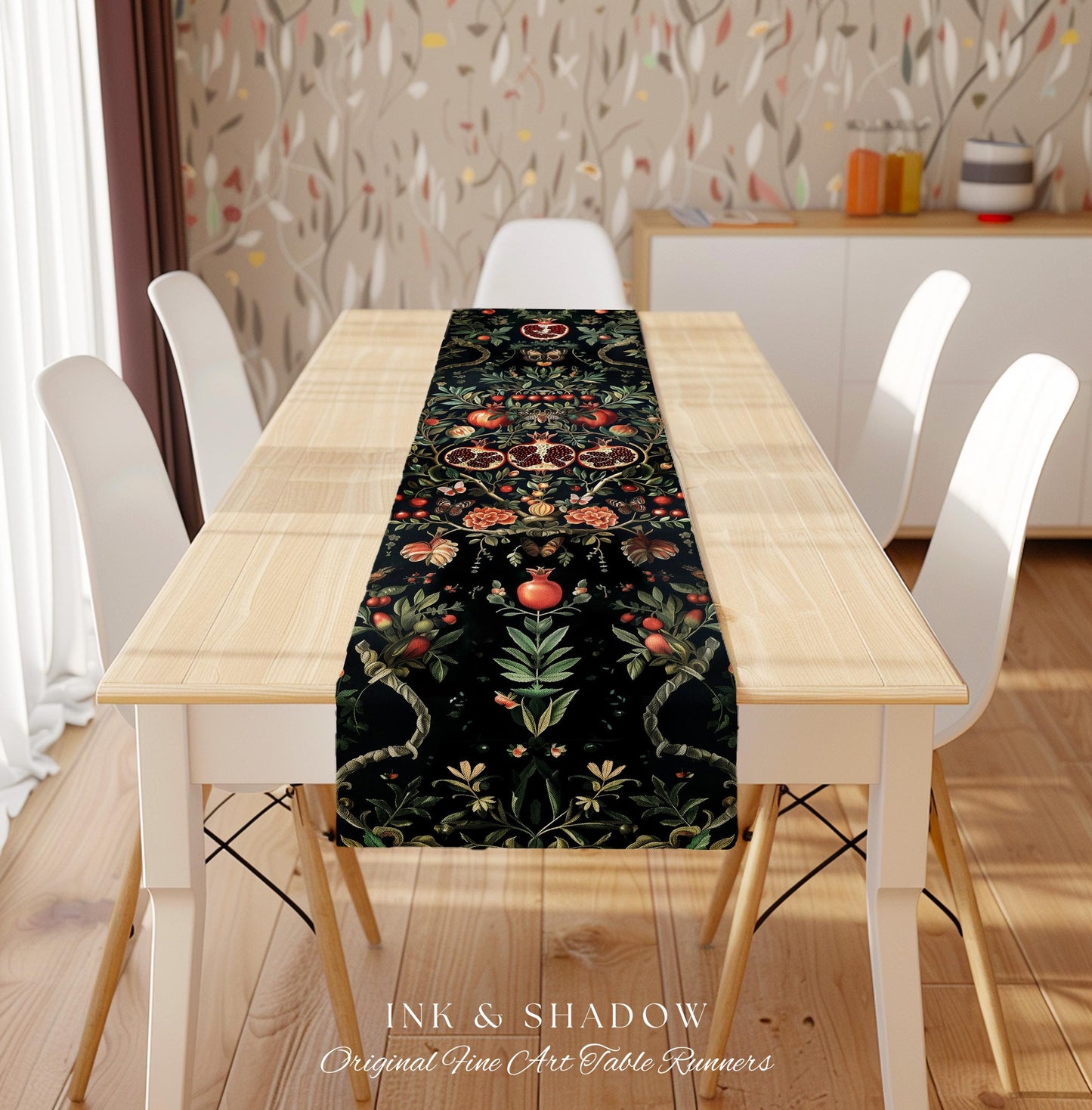 Botanical Pomegranate Table Runner Enchanted Floral Whimsigothic | Dark Academia Woodland Gothic Vintage Cottagegoth Occult Altar Decor Boho