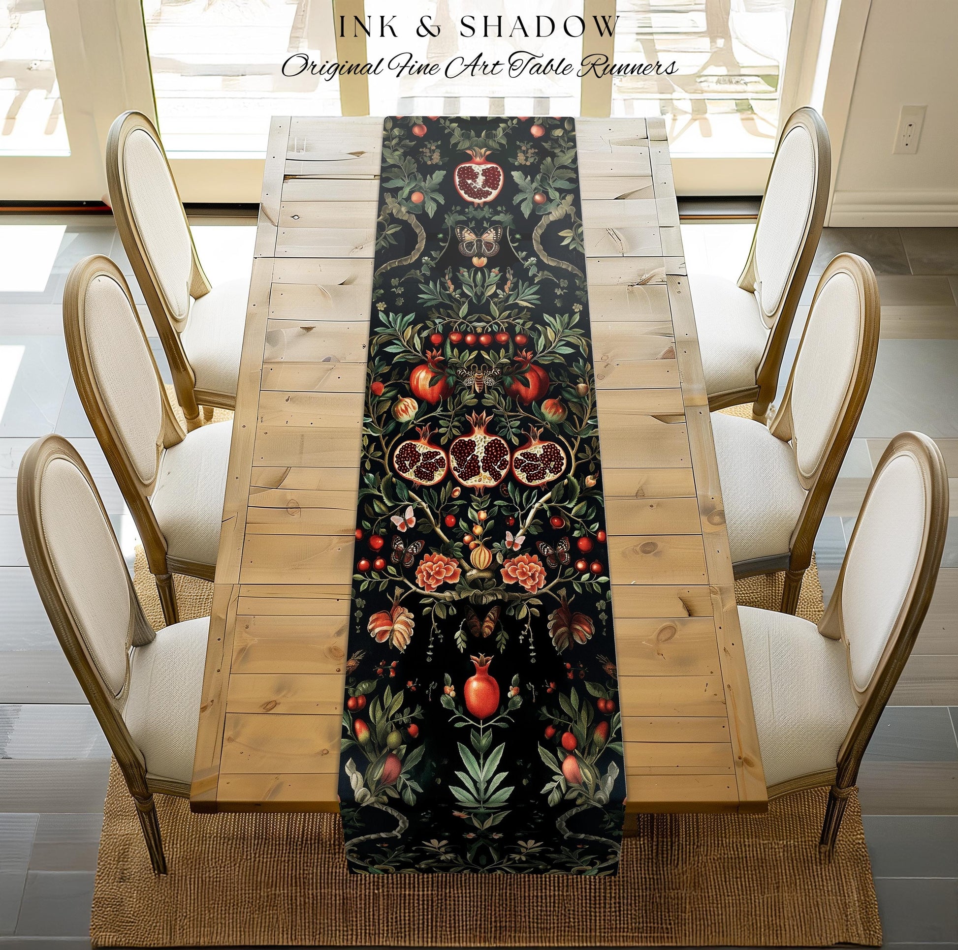Botanical Pomegranate Table Runner Enchanted Floral Whimsigothic | Dark Academia Woodland Gothic Vintage Cottagegoth Occult Altar Decor Boho