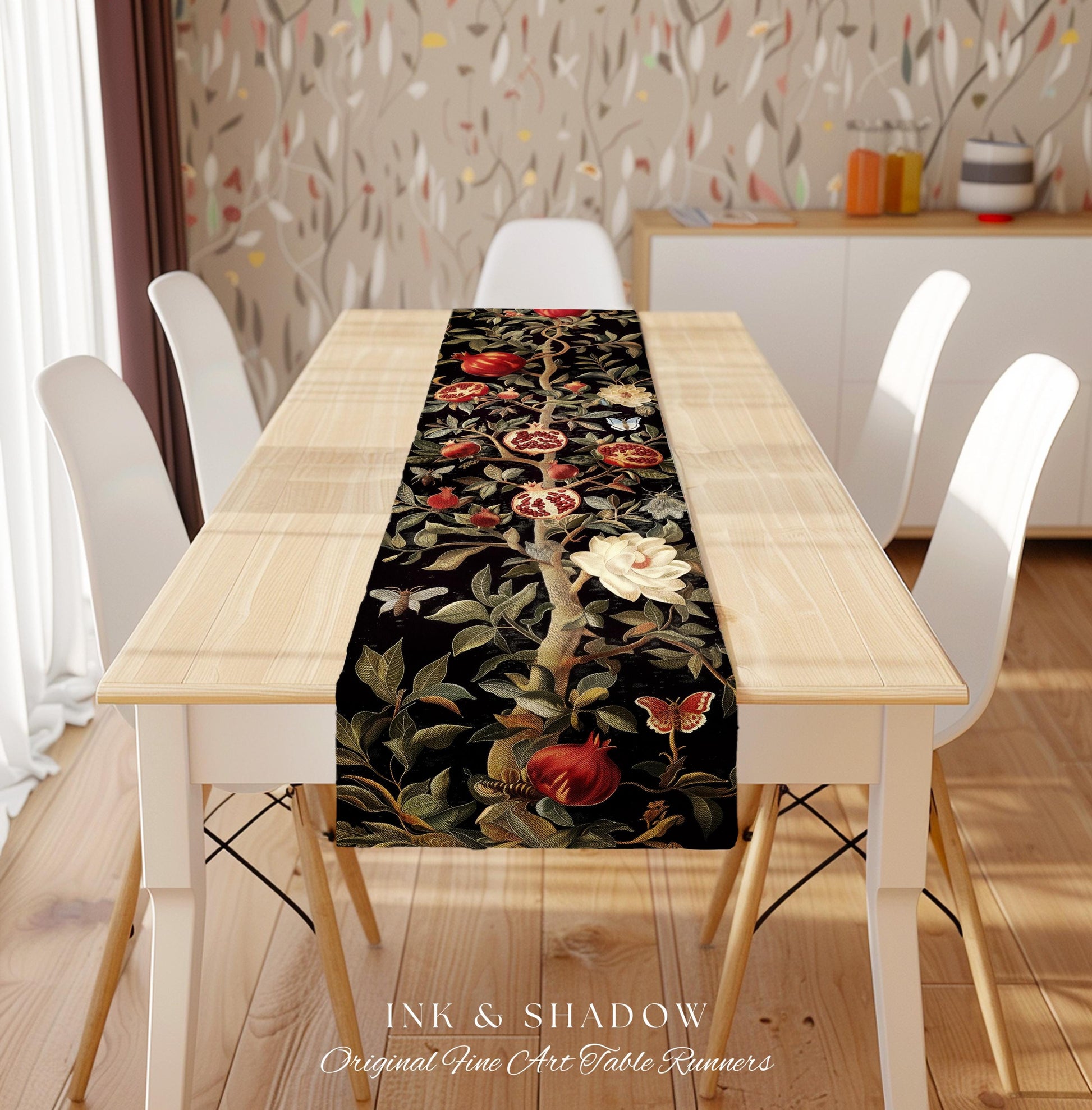 Gothic Pomegranate Decor Mystical Botanical Table Runner | Baroque Inspired Dark Academia Floral Butterfly Fruit Whimsigothic Dining Room |