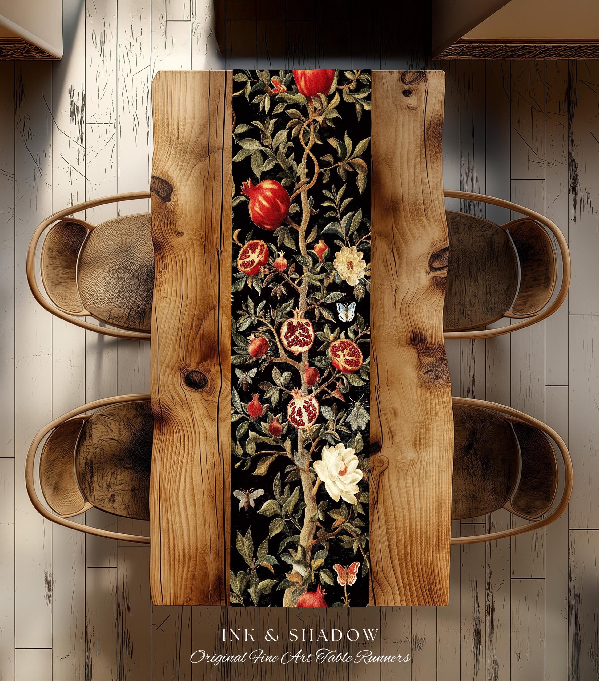 Gothic Pomegranate Decor Mystical Botanical Table Runner | Baroque Inspired Dark Academia Floral Butterfly Fruit Whimsigothic Dining Room |