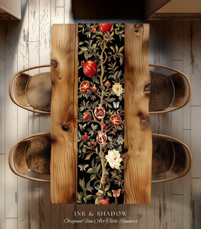 Gothic Pomegranate Decor Mystical Botanical Table Runner | Baroque Inspired Dark Academia Floral Butterfly Fruit Whimsigothic Dining Room |