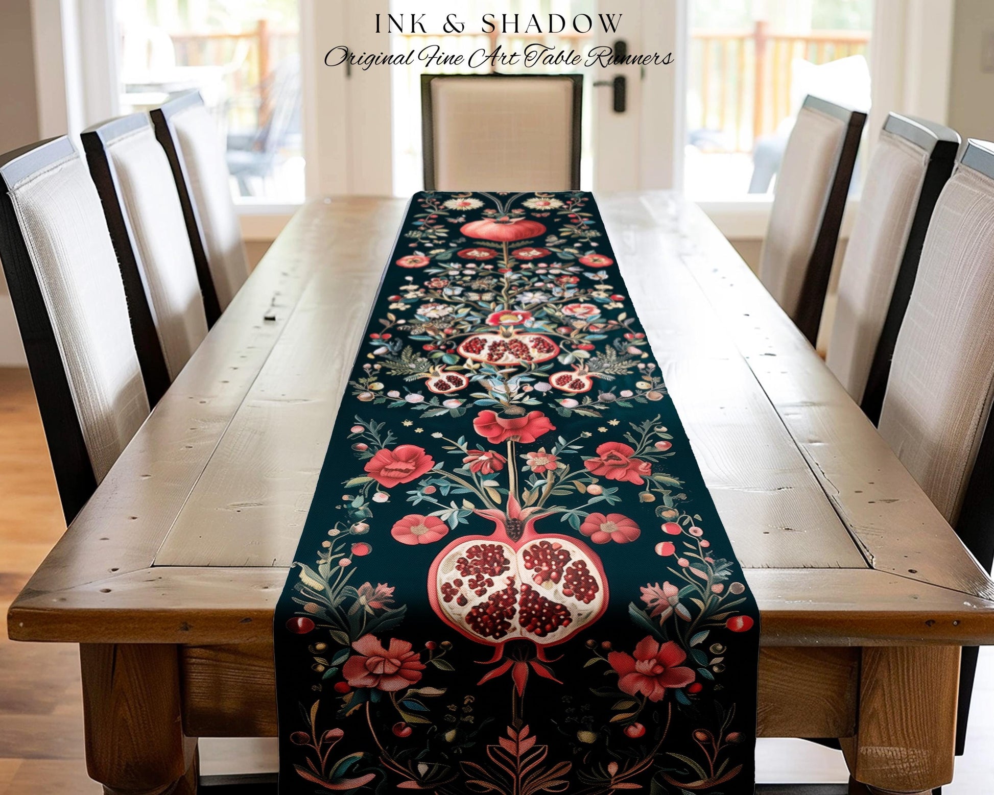 Fairycore Pomegranate Table Runner Enchanted Woodland | Whimsical Cottagecore Butterfly Moth Vintage Aesthetic Dark Floral Dining Room Decor
