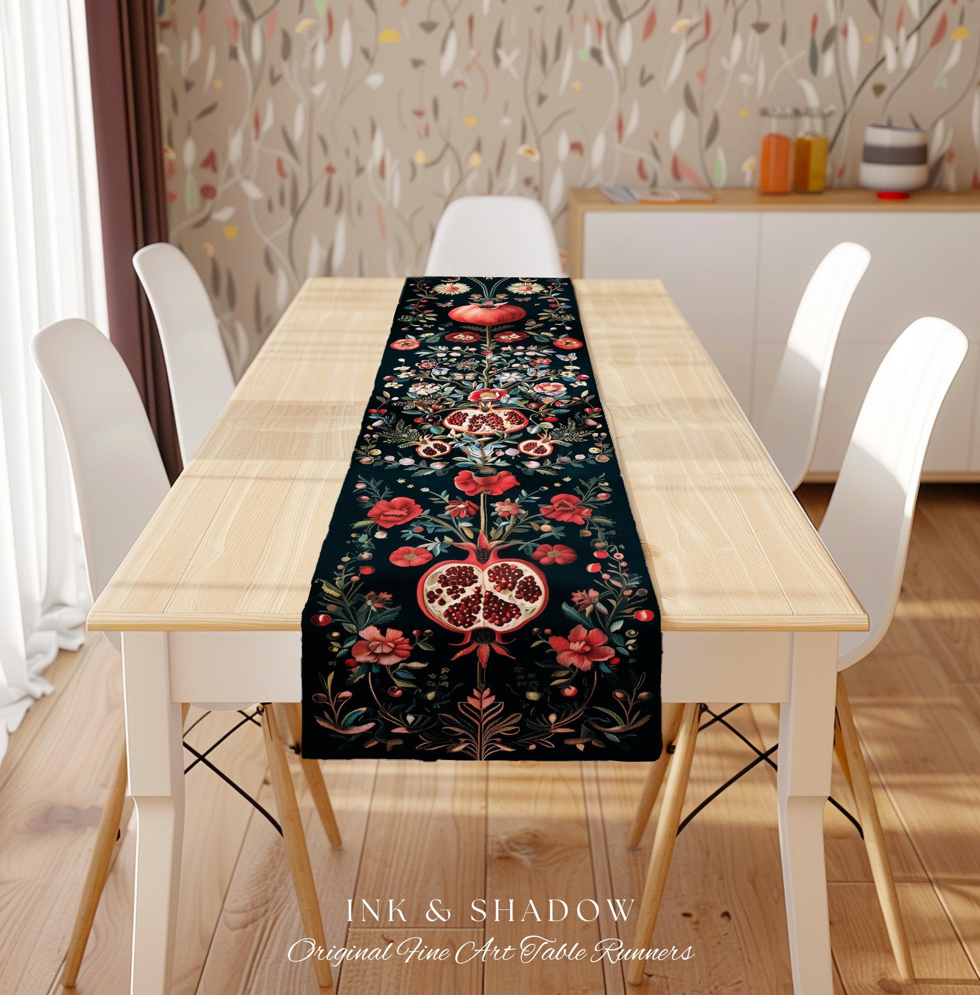 Fairycore Pomegranate Table Runner Enchanted Woodland | Whimsical Cottagecore Butterfly Moth Vintage Aesthetic Dark Floral Dining Room Decor