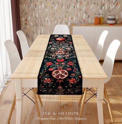 Fairycore Pomegranate Table Runner Enchanted Woodland | Whimsical Cottagecore Butterfly Moth Vintage Aesthetic Dark Floral Dining Room Decor