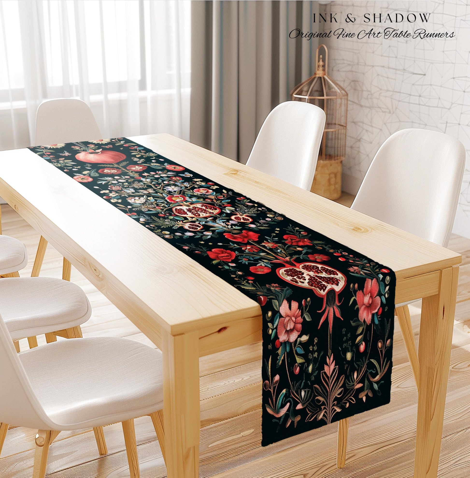 Fairycore Pomegranate Table Runner Enchanted Woodland | Whimsical Cottagecore Butterfly Moth Vintage Aesthetic Dark Floral Dining Room Decor