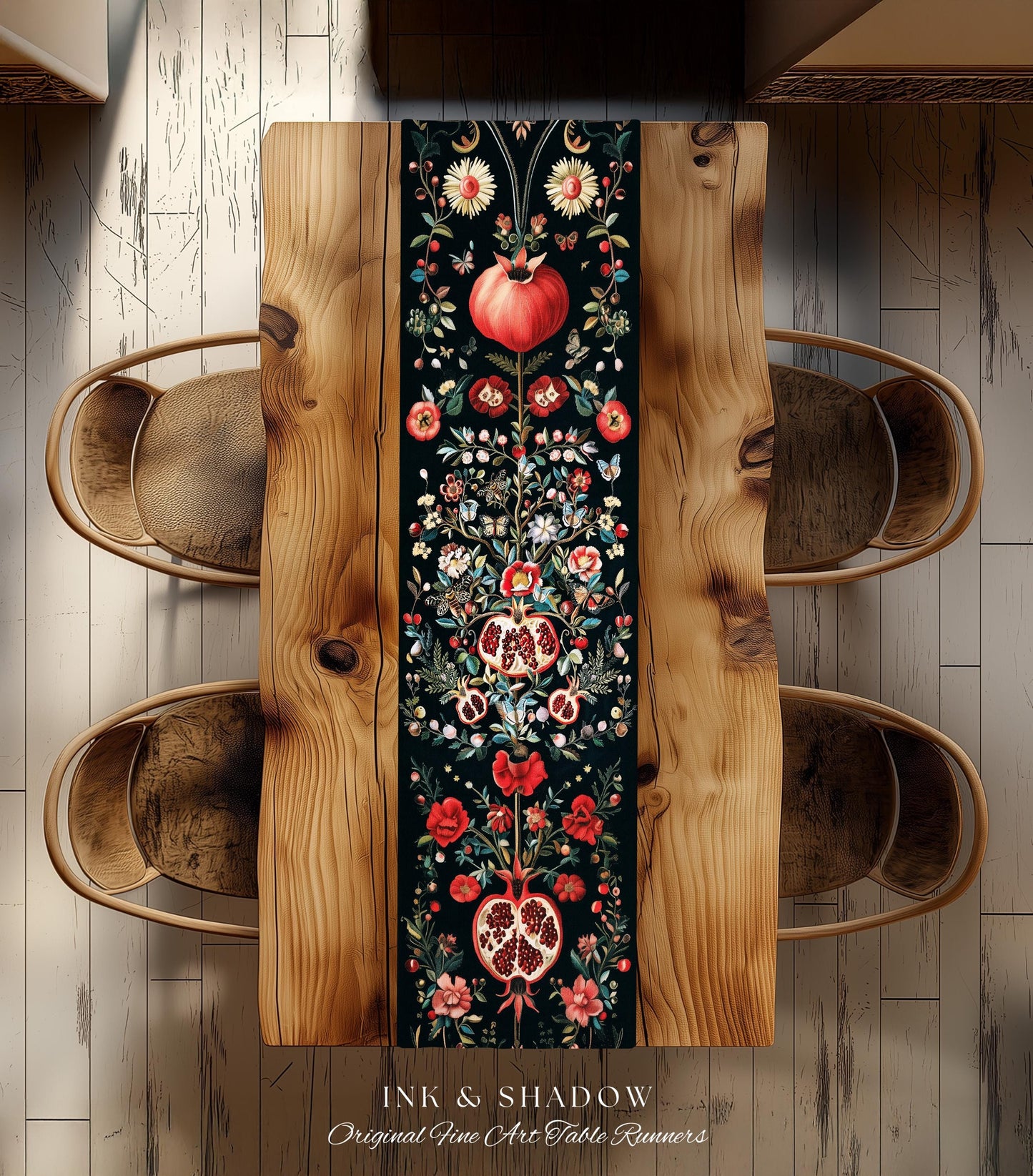 Fairycore Pomegranate Table Runner Enchanted Woodland | Whimsical Cottagecore Butterfly Moth Vintage Aesthetic Dark Floral Dining Room Decor