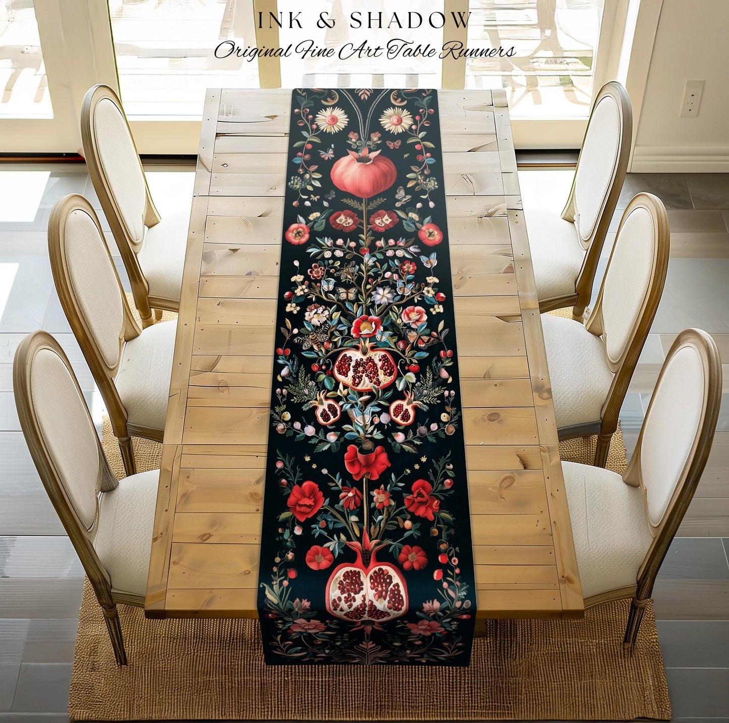 Fairycore Pomegranate Table Runner Enchanted Woodland | Whimsical Cottagecore Butterfly Moth Vintage Aesthetic Dark Floral Dining Room Decor