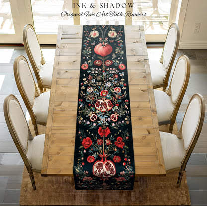 Fairycore Pomegranate Table Runner Enchanted Woodland | Whimsical Cottagecore Butterfly Moth Vintage Aesthetic Dark Floral Dining Room Decor