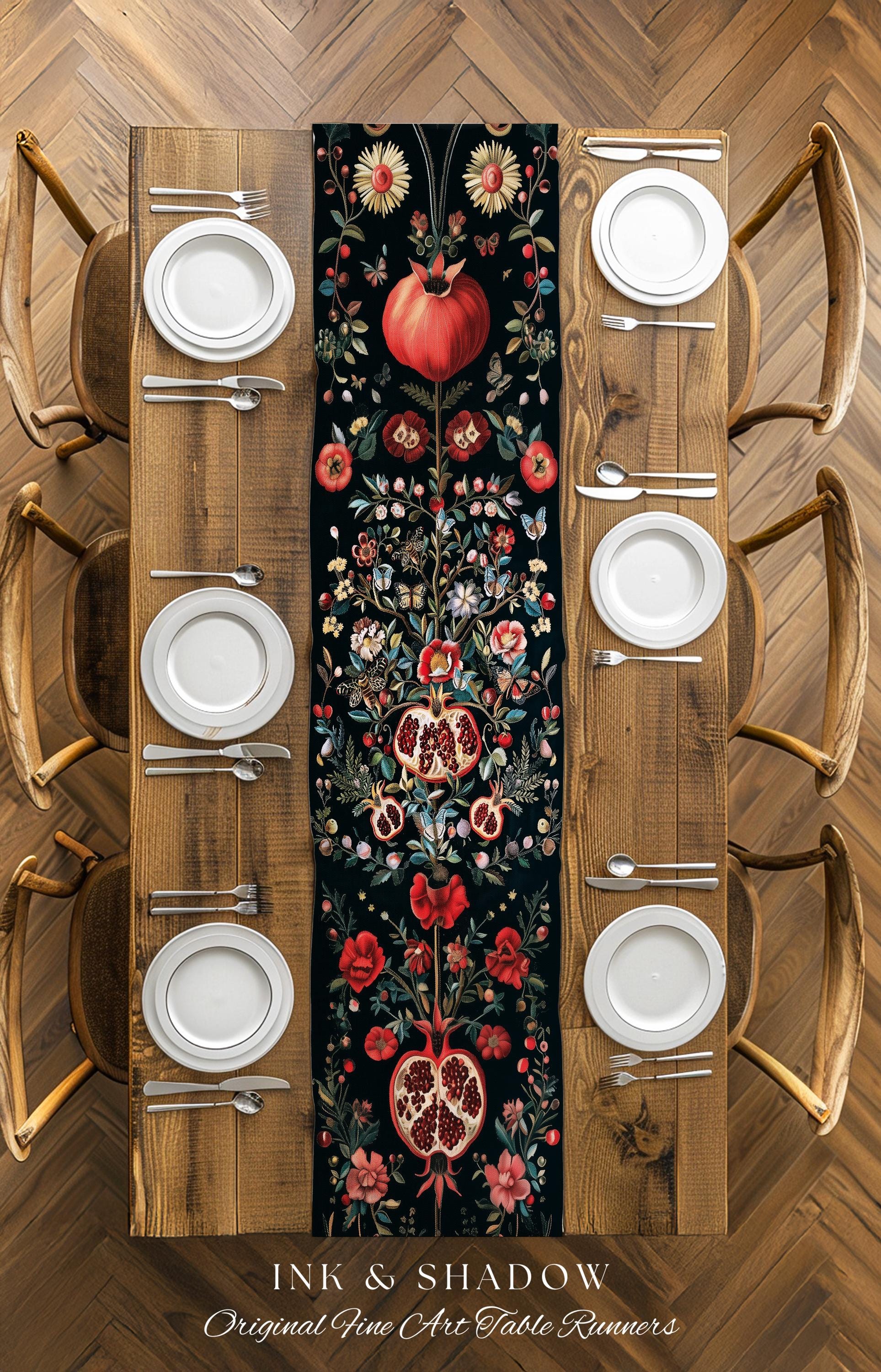 Fairycore Pomegranate Table Runner Enchanted Woodland | Whimsical Cottagecore Butterfly Moth Vintage Aesthetic Dark Floral Dining Room Decor
