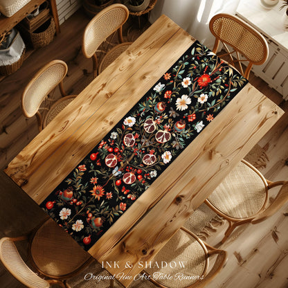 Enchanted Forest Pomegranate Table Runner Woodland Botanical Forestcore Decor | Nature Inspired Victorian Gothic Dark Cottagecore Aesthetic