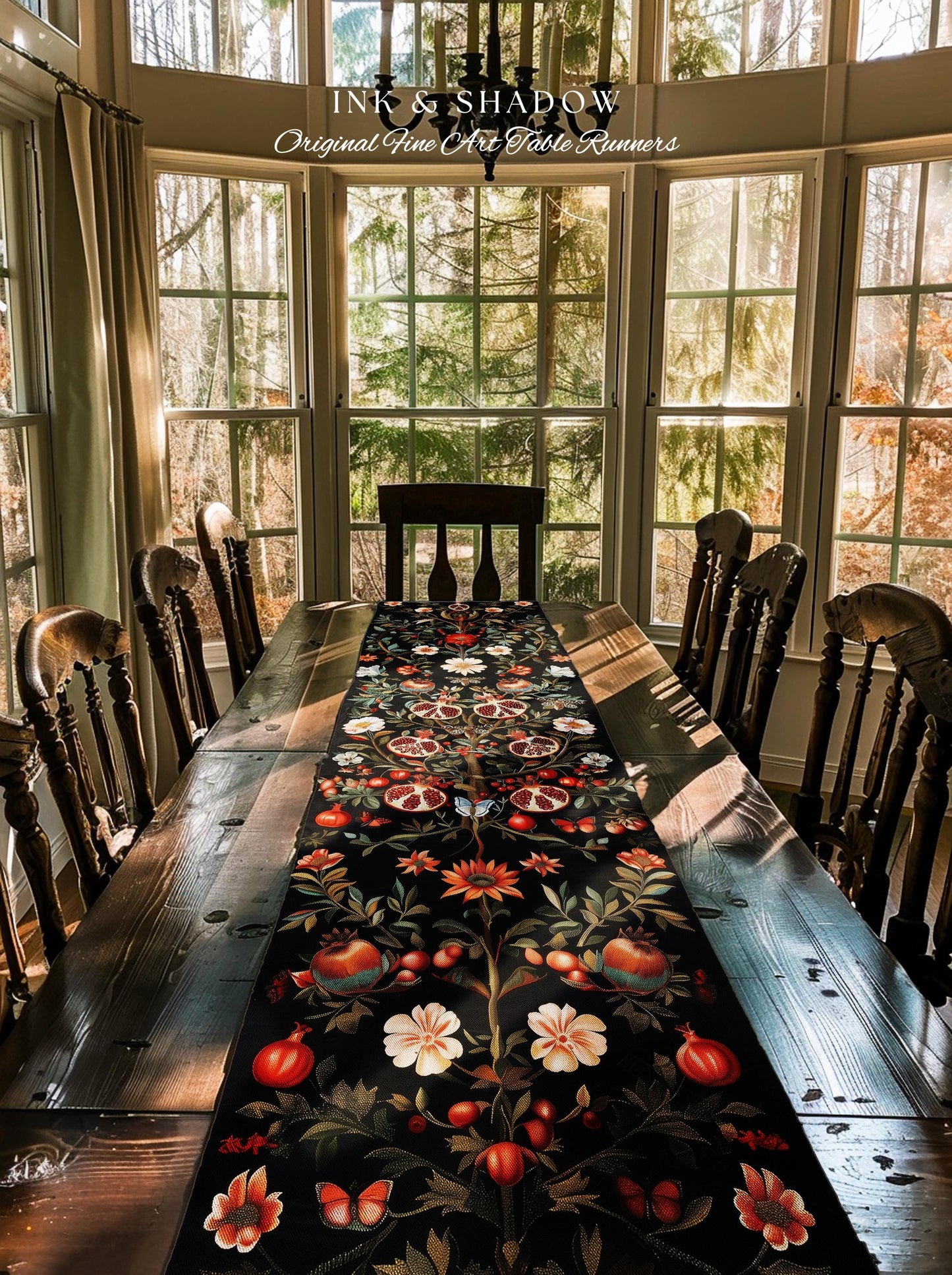 Enchanted Forest Pomegranate Table Runner Woodland Botanical Forestcore Decor | Nature Inspired Victorian Gothic Dark Cottagecore Aesthetic