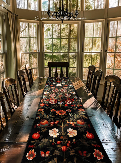 Enchanted Forest Pomegranate Table Runner Woodland Botanical Forestcore Decor | Nature Inspired Victorian Gothic Dark Cottagecore Aesthetic