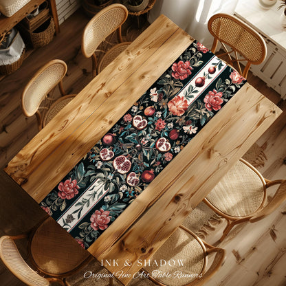 Woodland Gothic Pomegranate Botanical Table Runner Enchanted Forest Nature Decor | Romantic Baroque Whimsical Floral Cottagecore Dining Room