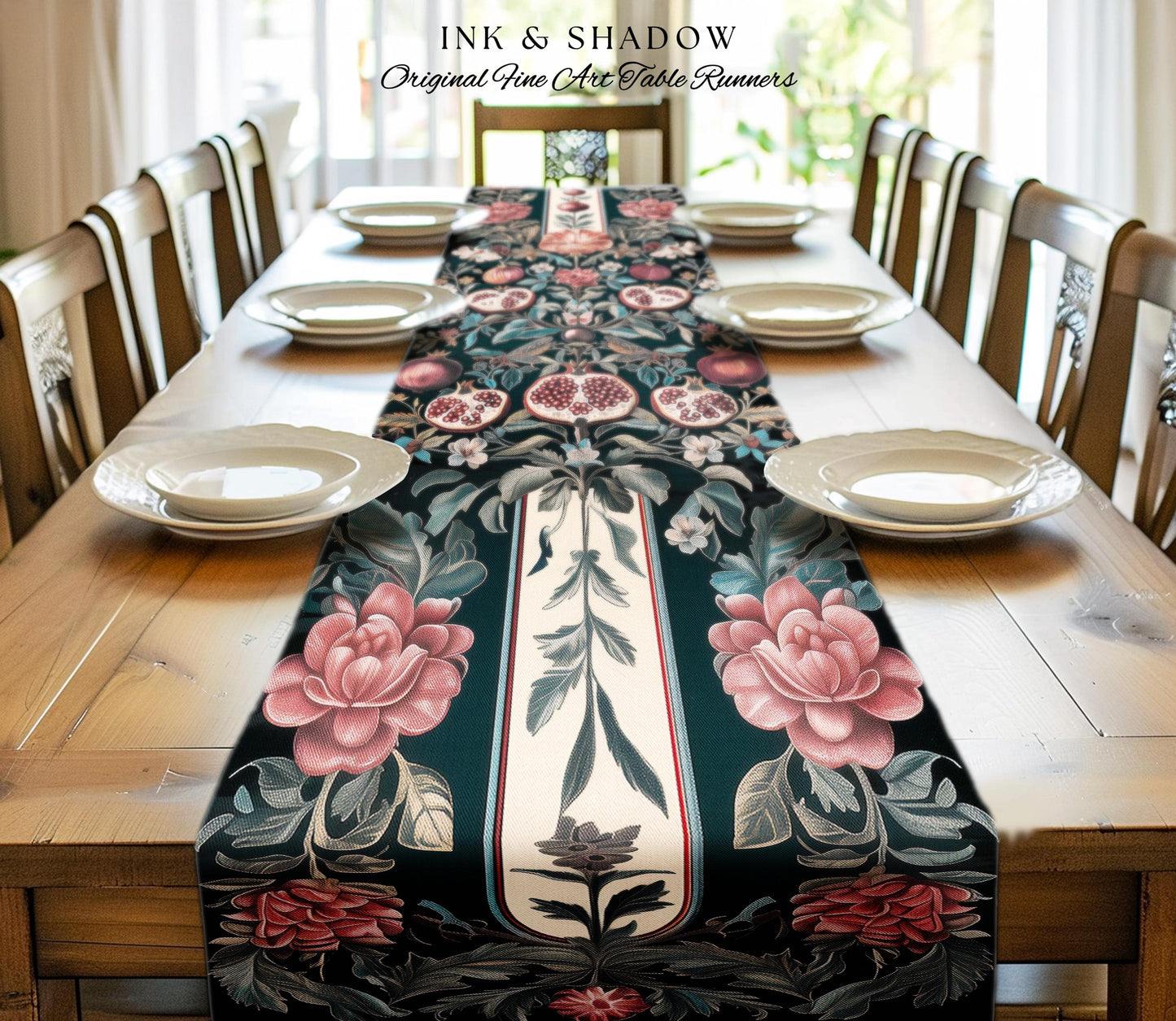 Woodland Gothic Pomegranate Botanical Table Runner Enchanted Forest Nature Decor | Romantic Baroque Whimsical Floral Cottagecore Dining Room