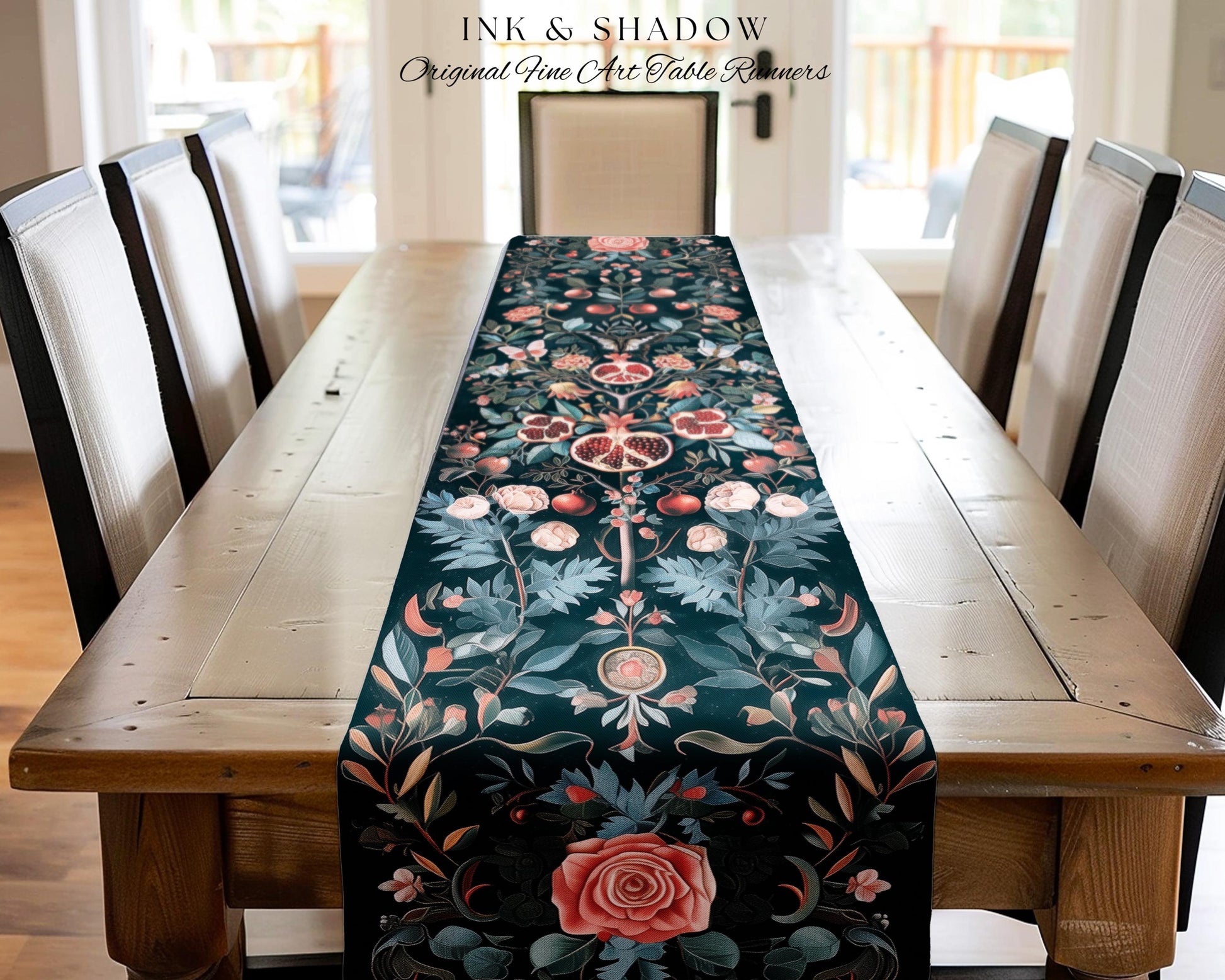 Vintage Pomegranate Table Runner Floral Whimsigoth Enchanted Botanical Butterfly Home Decor | Victorian Gothic Whimsical Woodland Altar |