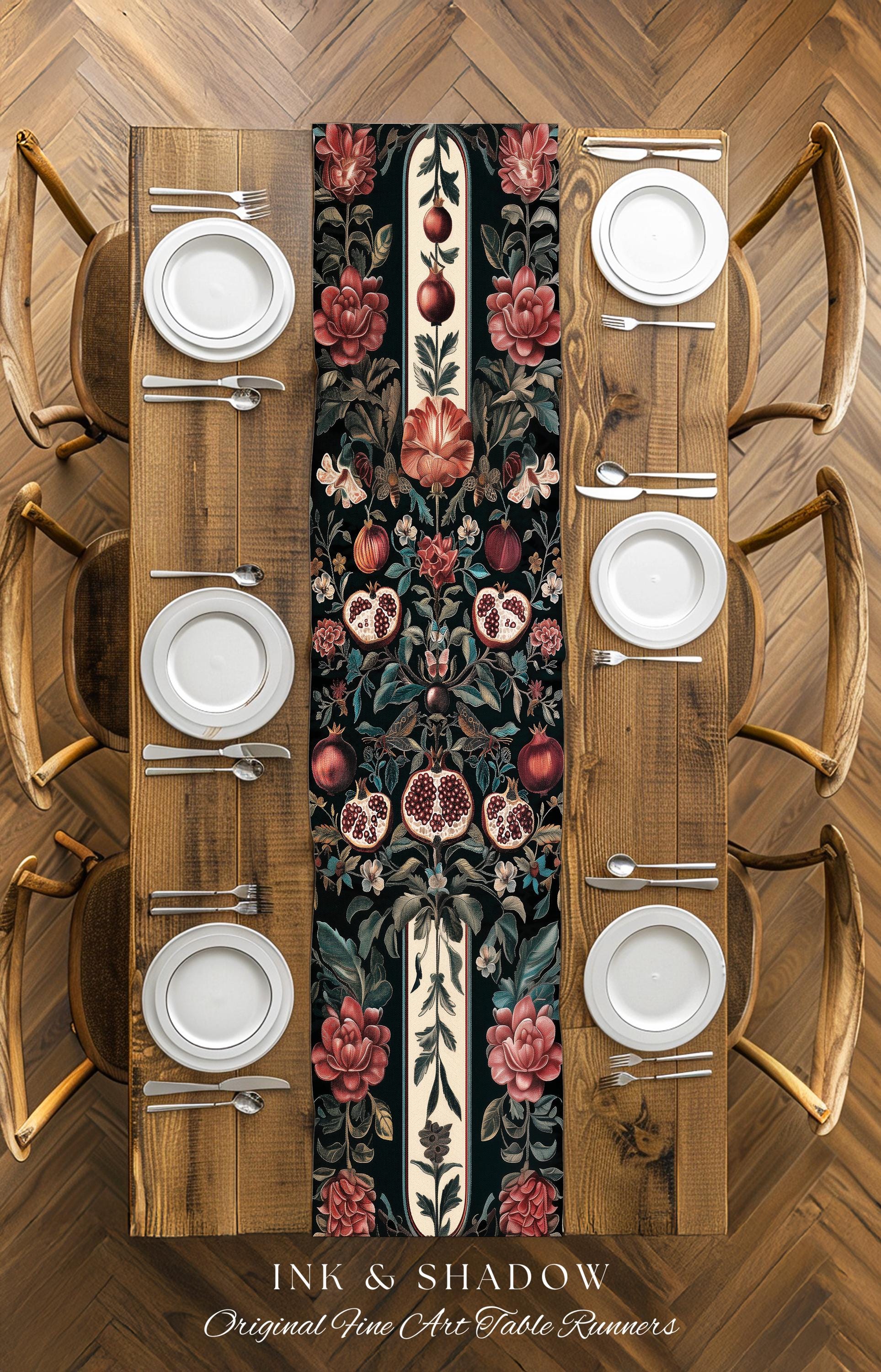 Woodland Gothic Pomegranate Botanical Table Runner Enchanted Forest Nature Decor | Romantic Baroque Whimsical Floral Cottagecore Dining Room