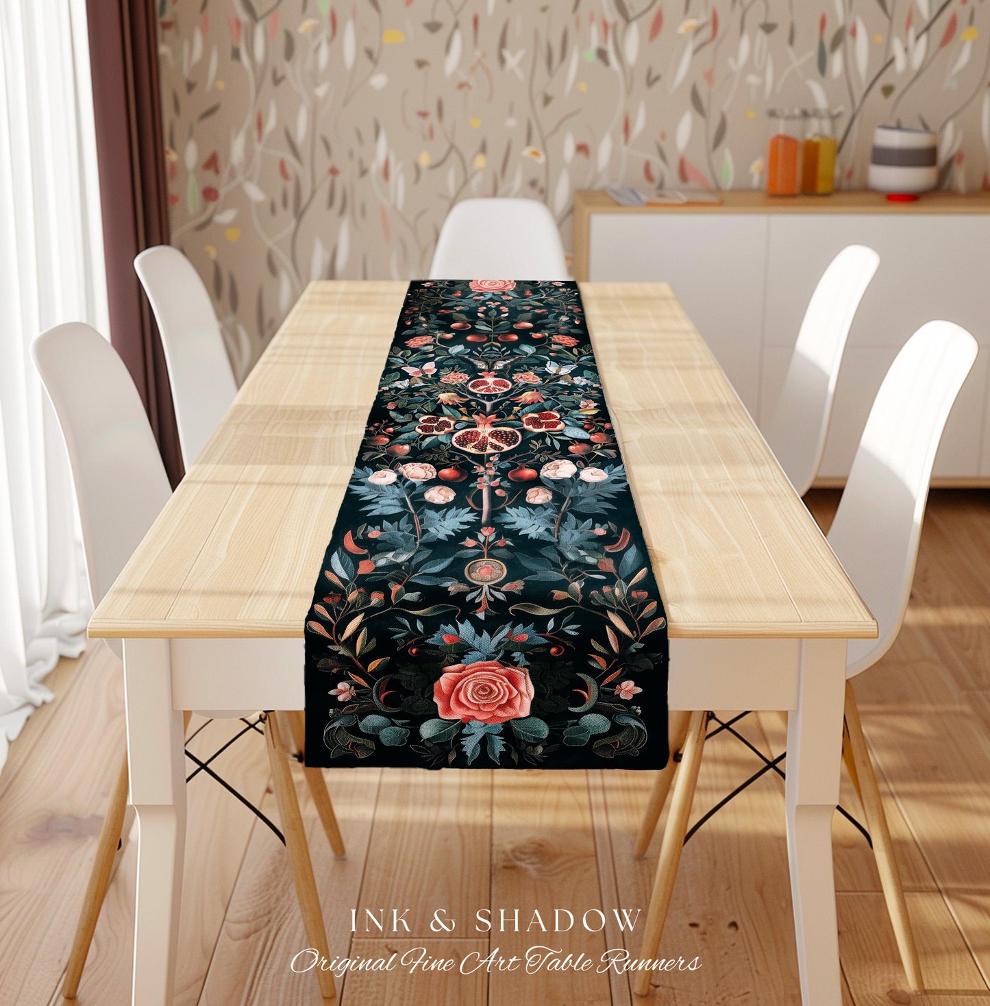 Vintage Pomegranate Table Runner Floral Whimsigoth Enchanted Botanical Butterfly Home Decor | Victorian Gothic Whimsical Woodland Altar |