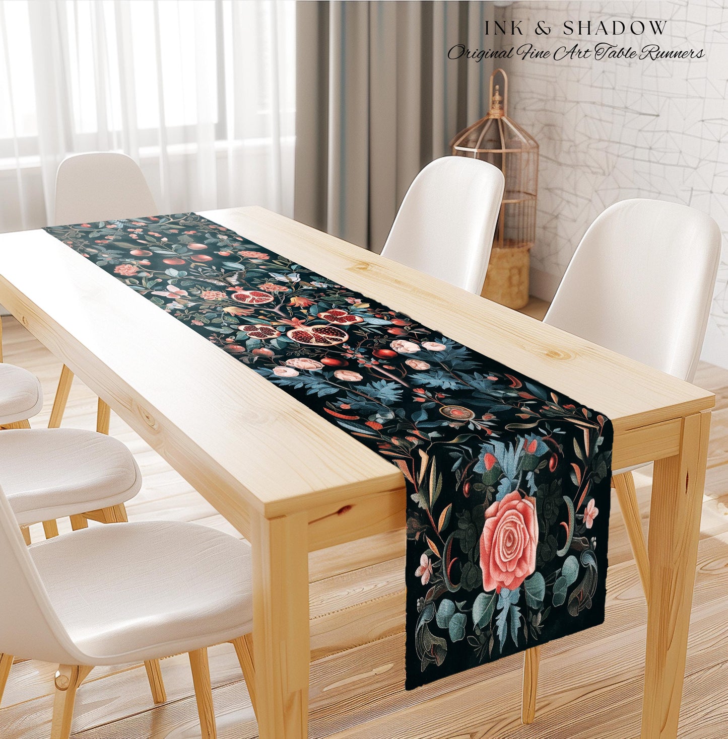 Vintage Pomegranate Table Runner Floral Whimsigoth Enchanted Botanical Butterfly Home Decor | Victorian Gothic Whimsical Woodland Altar |