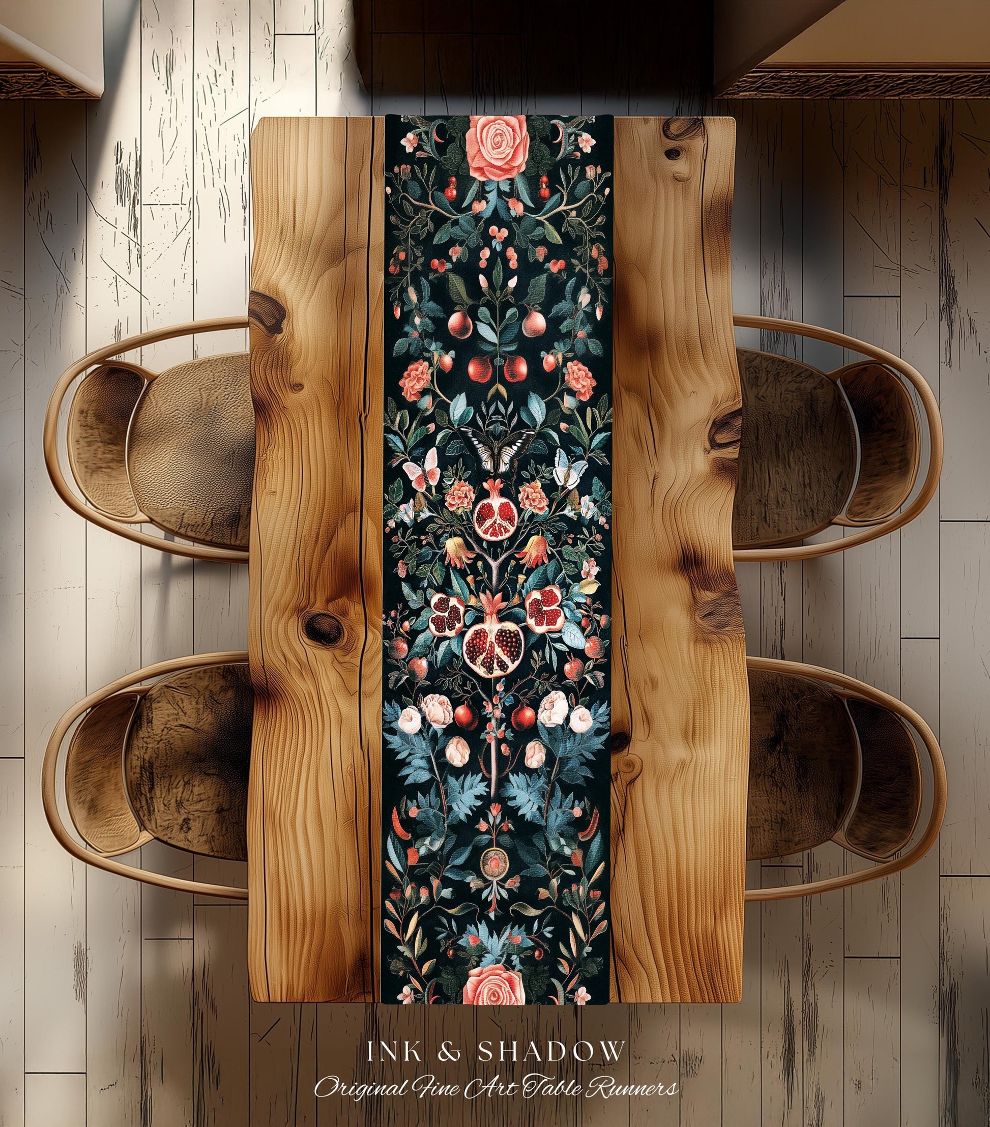 Vintage Pomegranate Table Runner Floral Whimsigoth Enchanted Botanical Butterfly Home Decor | Victorian Gothic Whimsical Woodland Altar |
