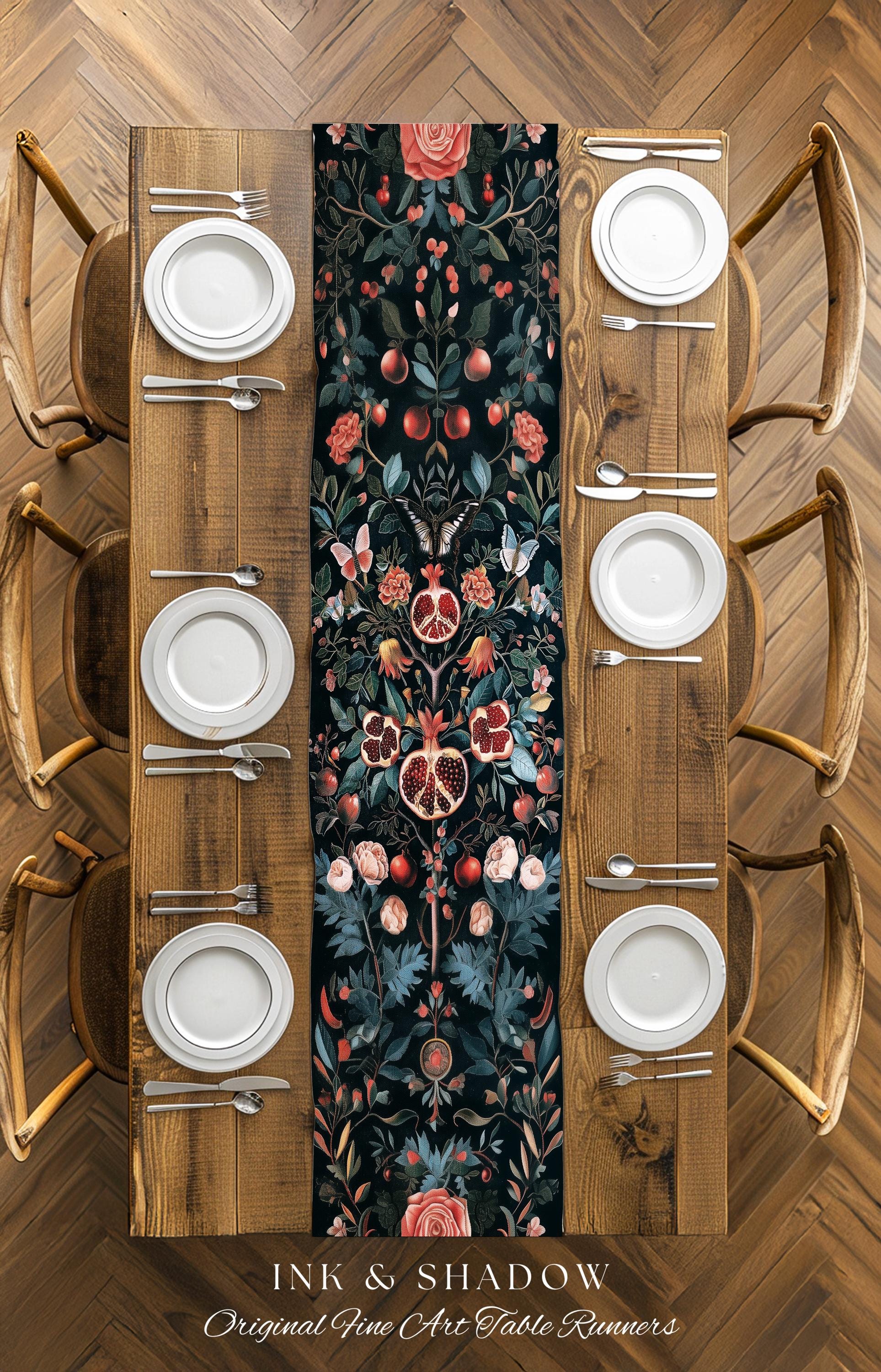 Vintage Pomegranate Table Runner Floral Whimsigoth Enchanted Botanical Butterfly Home Decor | Victorian Gothic Whimsical Woodland Altar |