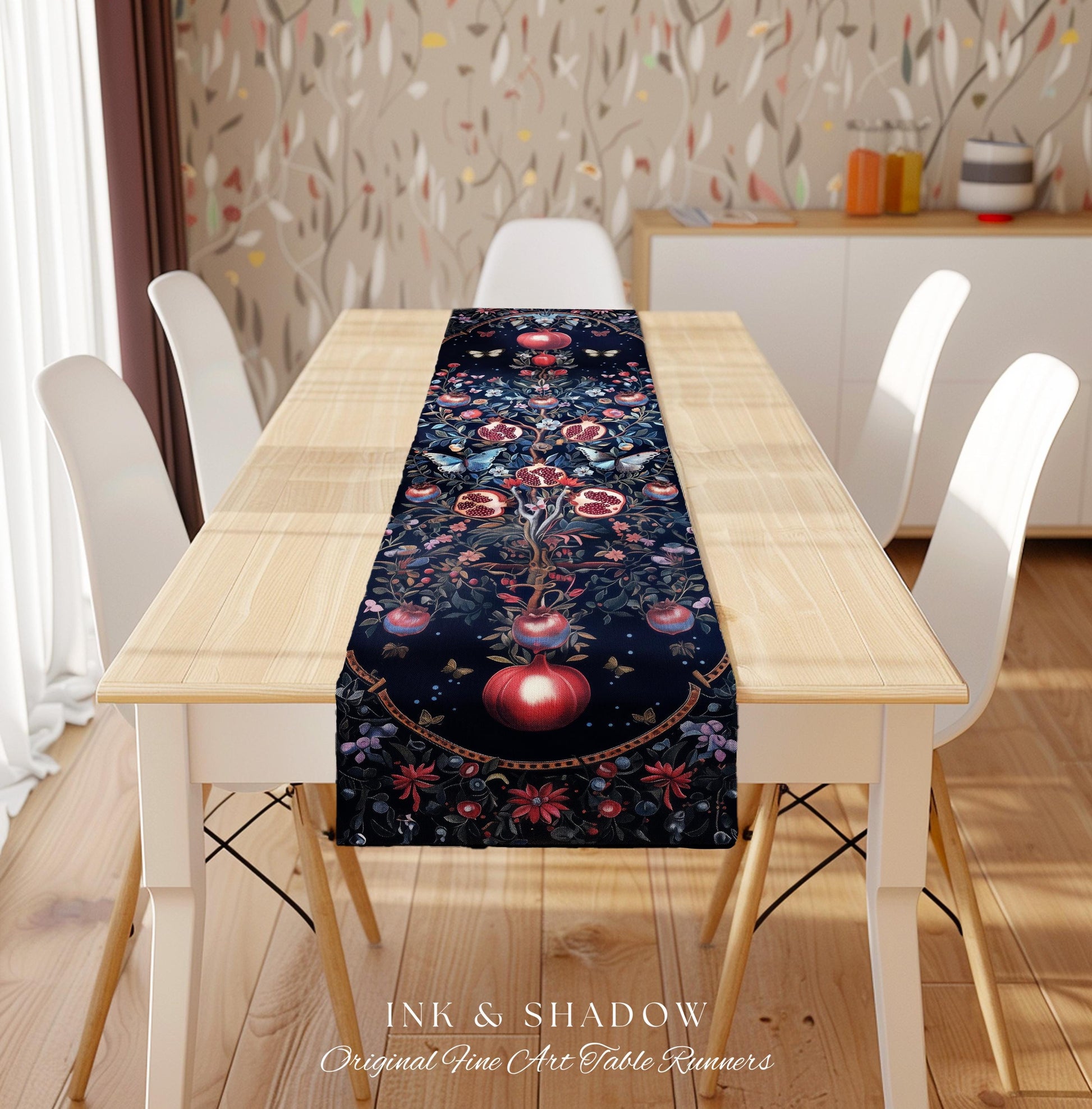 Moody Dark Botanical Pomegranate Art Table Runner Victorian Nouveau Butterfly Aesthetic, Mystic Woodland Whimsigoth Enchanted Forest Florals