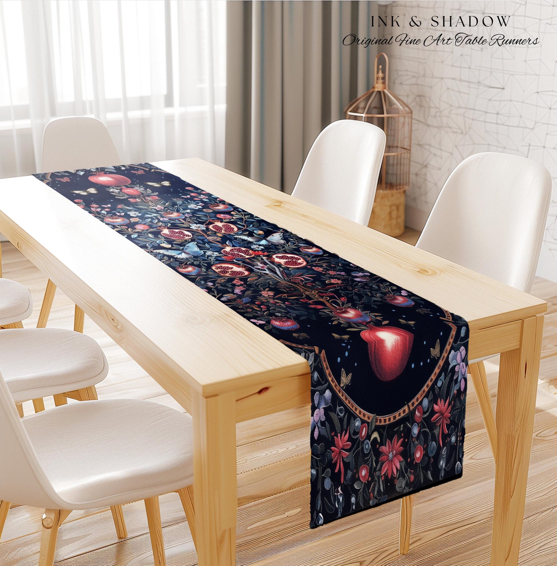 Moody Dark Botanical Pomegranate Art Table Runner Victorian Nouveau Butterfly Aesthetic, Mystic Woodland Whimsigoth Enchanted Forest Florals