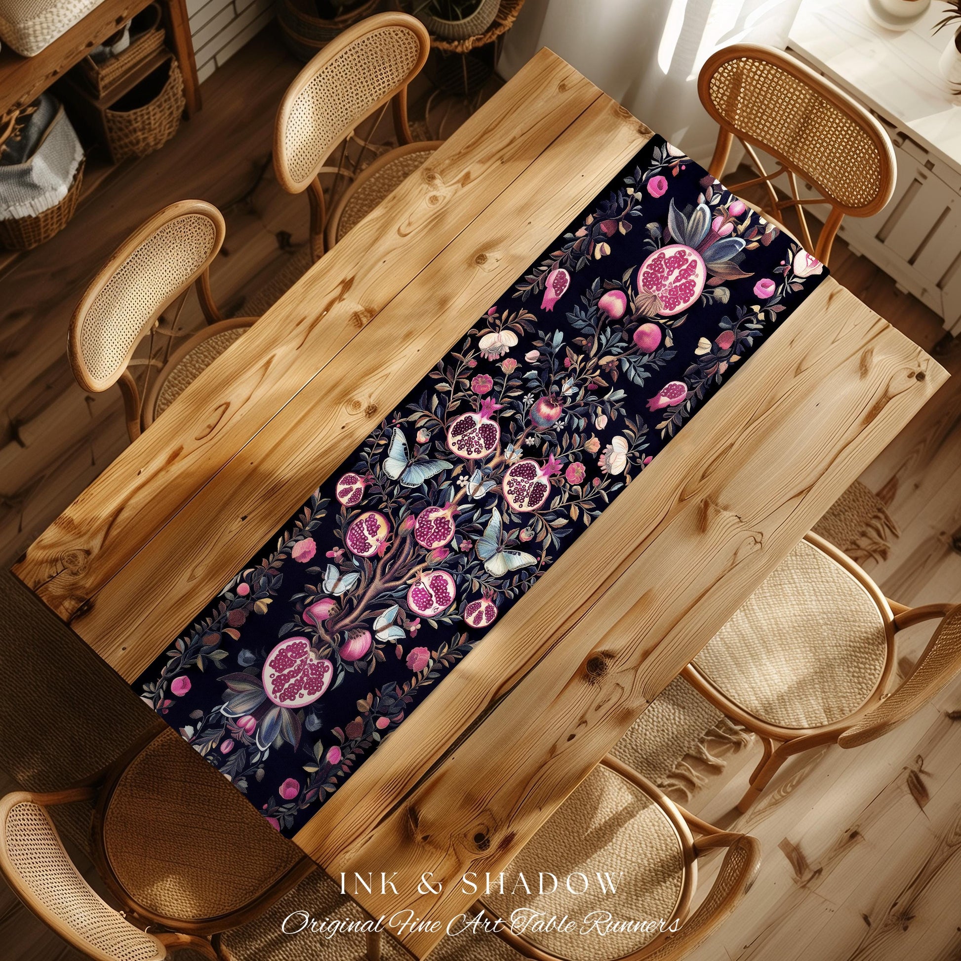 Whimsical Pomegranate Blanket Enchanted Woodland Table Runner | Dark Academia Vintage Floral Aesthetic Butterfly Dining Room Ethereal Home |
