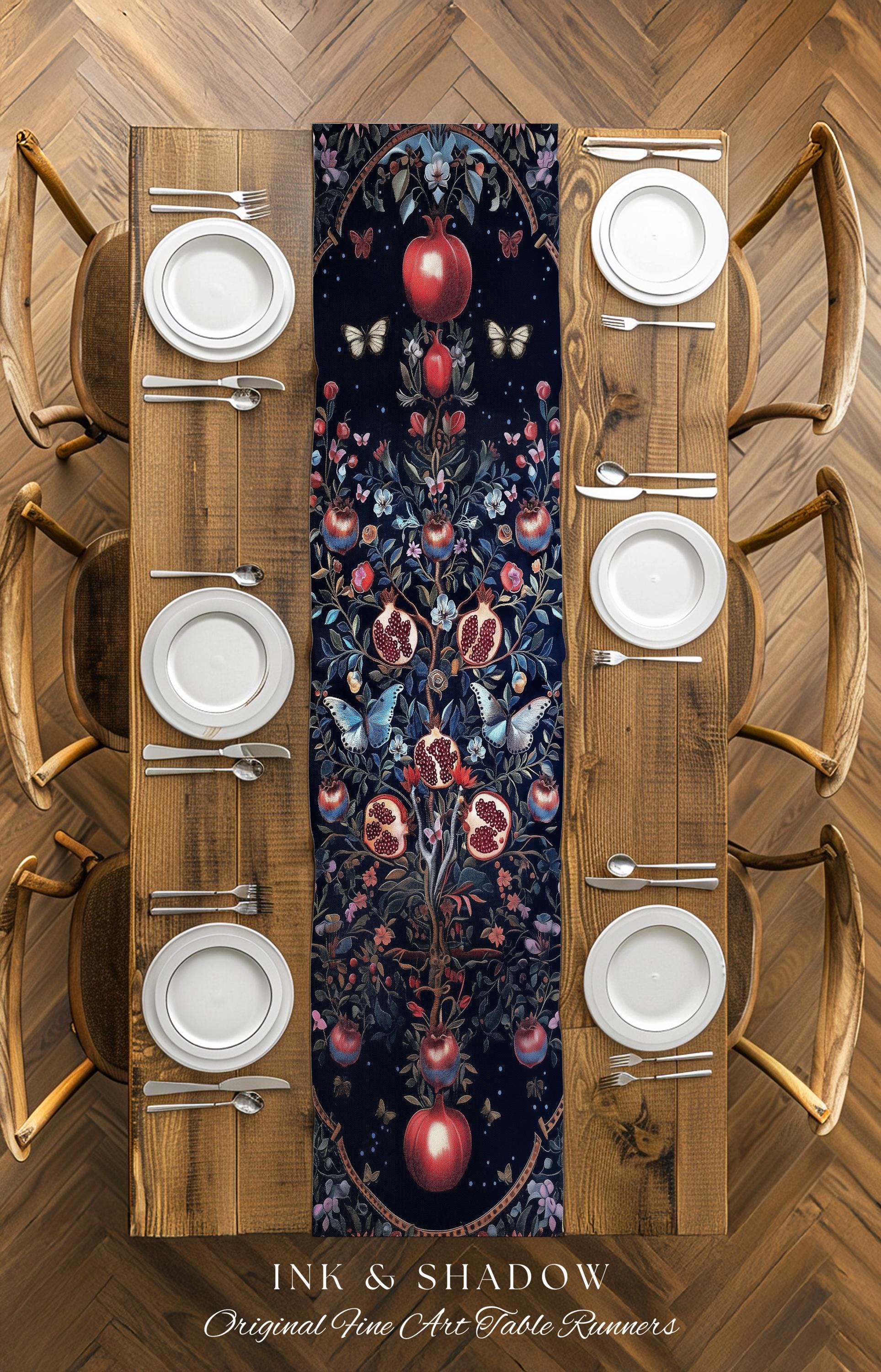 Moody Dark Botanical Pomegranate Art Table Runner Victorian Nouveau Butterfly Aesthetic, Mystic Woodland Whimsigoth Enchanted Forest Florals