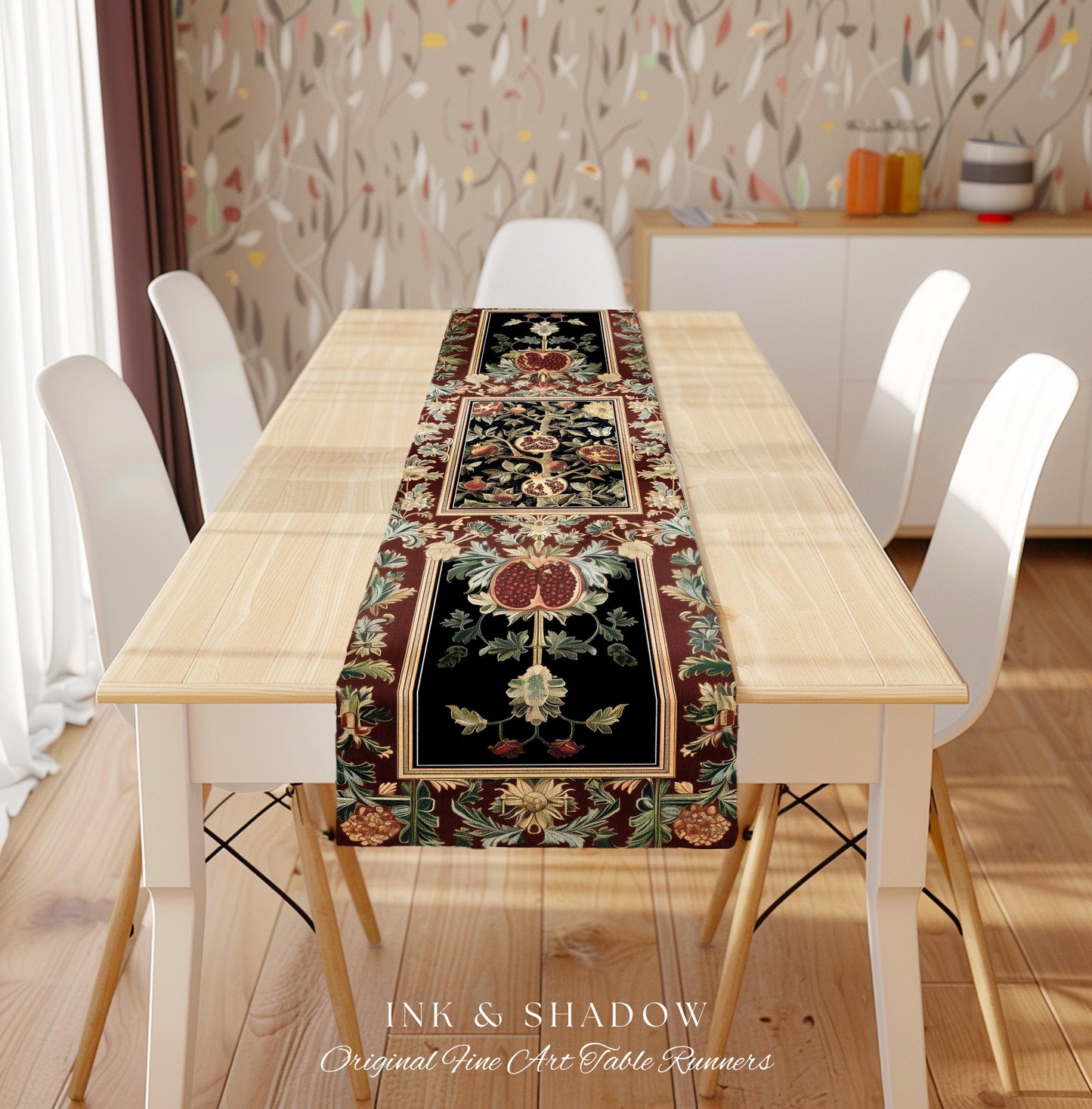 Floral Whimsigoth Vintage Pomegranate Art Nature Table Runner Cottagegoth Botanical Baroque Elegance, Medieval Style Forestcore Dining Room