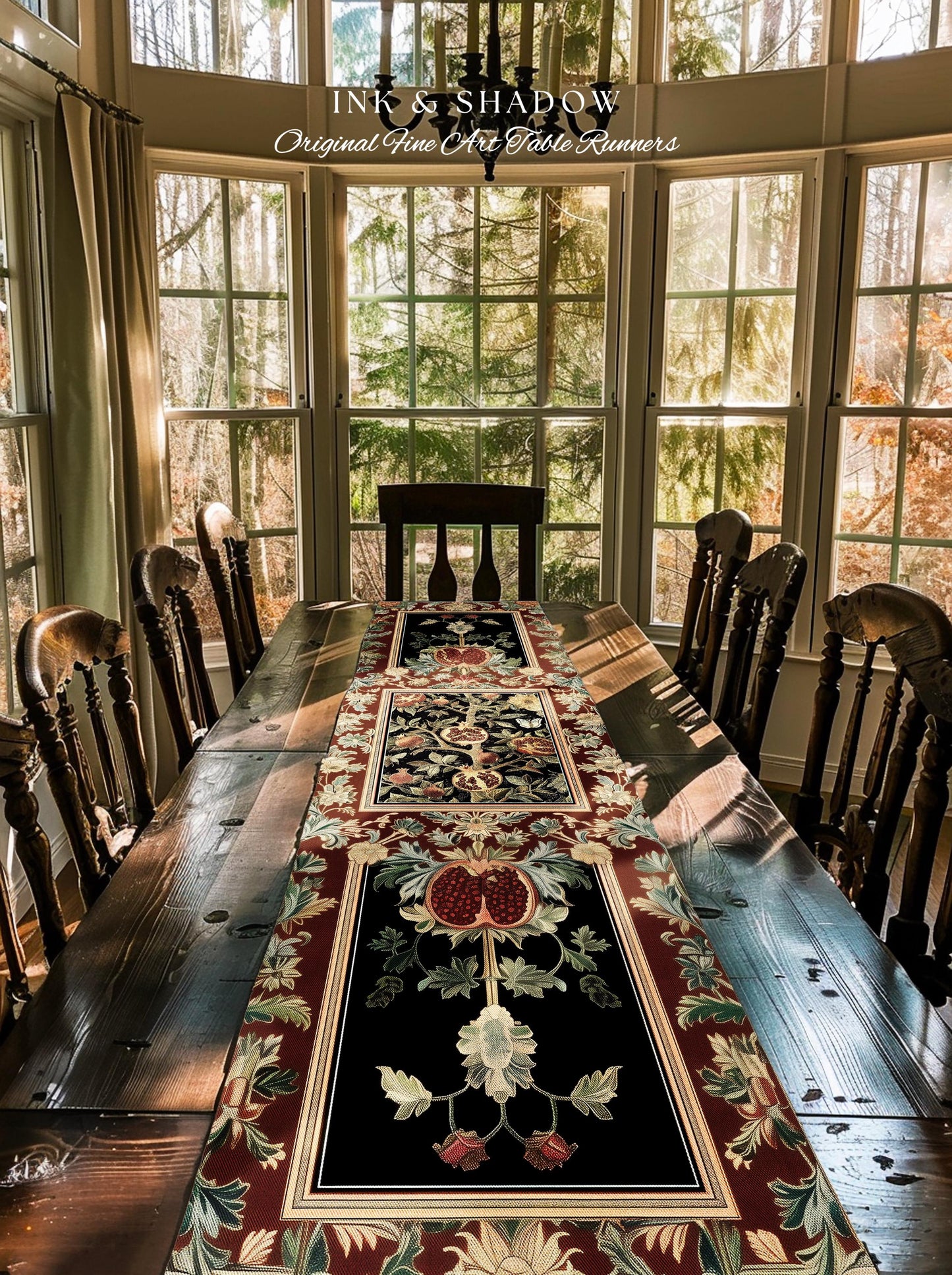 Floral Whimsigoth Vintage Pomegranate Art Nature Table Runner Cottagegoth Botanical Baroque Elegance, Medieval Style Forestcore Dining Room