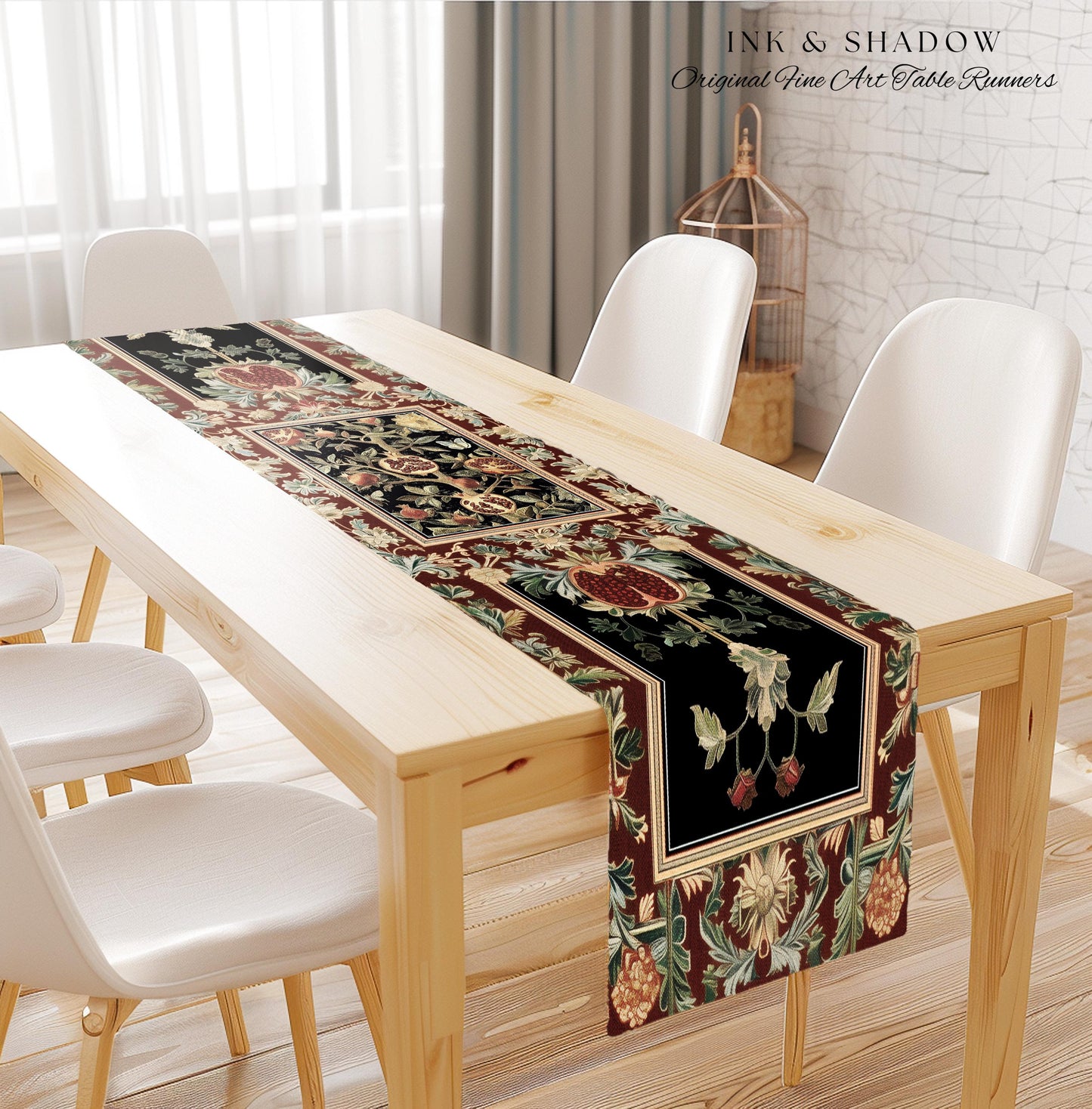 Floral Whimsigoth Vintage Pomegranate Art Nature Table Runner Cottagegoth Botanical Baroque Elegance, Medieval Style Forestcore Dining Room