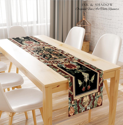 Floral Whimsigoth Vintage Pomegranate Art Nature Table Runner Cottagegoth Botanical Baroque Elegance, Medieval Style Forestcore Dining Room