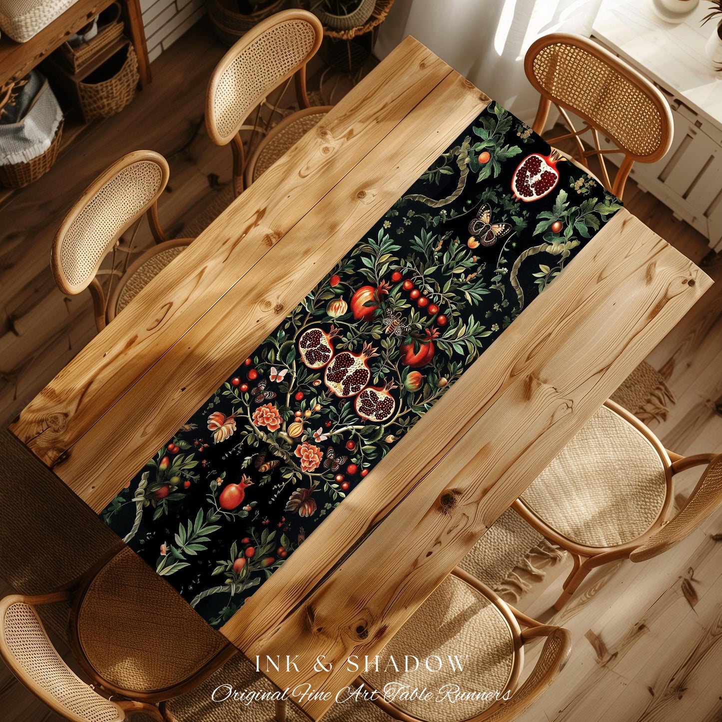Botanical Pomegranate Table Runner Enchanted Floral Whimsigothic | Dark Academia Woodland Gothic Vintage Cottagegoth Occult Altar Decor Boho