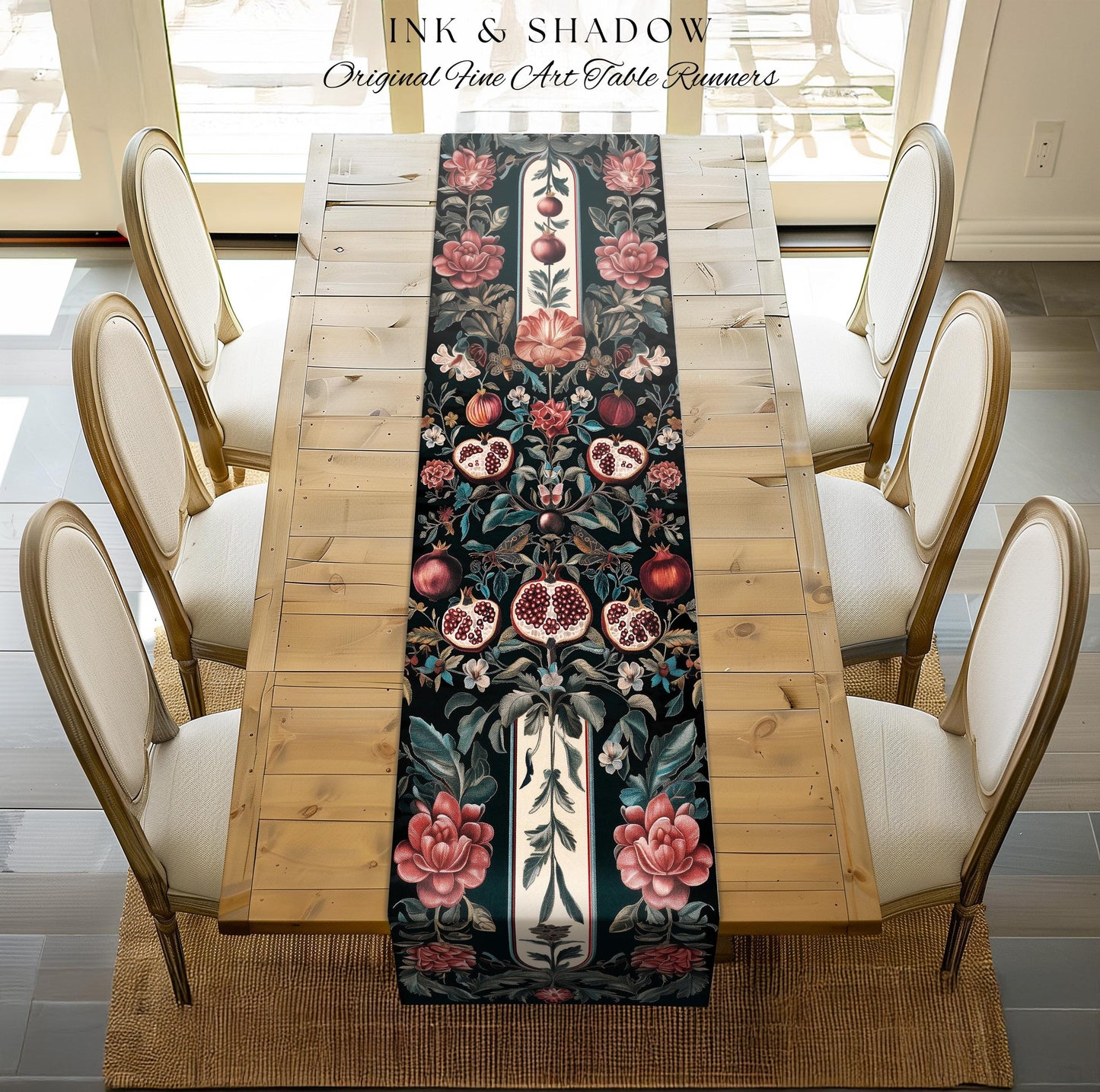 Woodland Gothic Pomegranate Botanical Table Runner Enchanted Forest Nature Decor | Romantic Baroque Whimsical Floral Cottagecore Dining Room