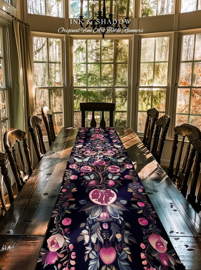 Whimsical Pomegranate Blanket Enchanted Woodland Table Runner | Dark Academia Vintage Floral Aesthetic Butterfly Dining Room Ethereal Home |