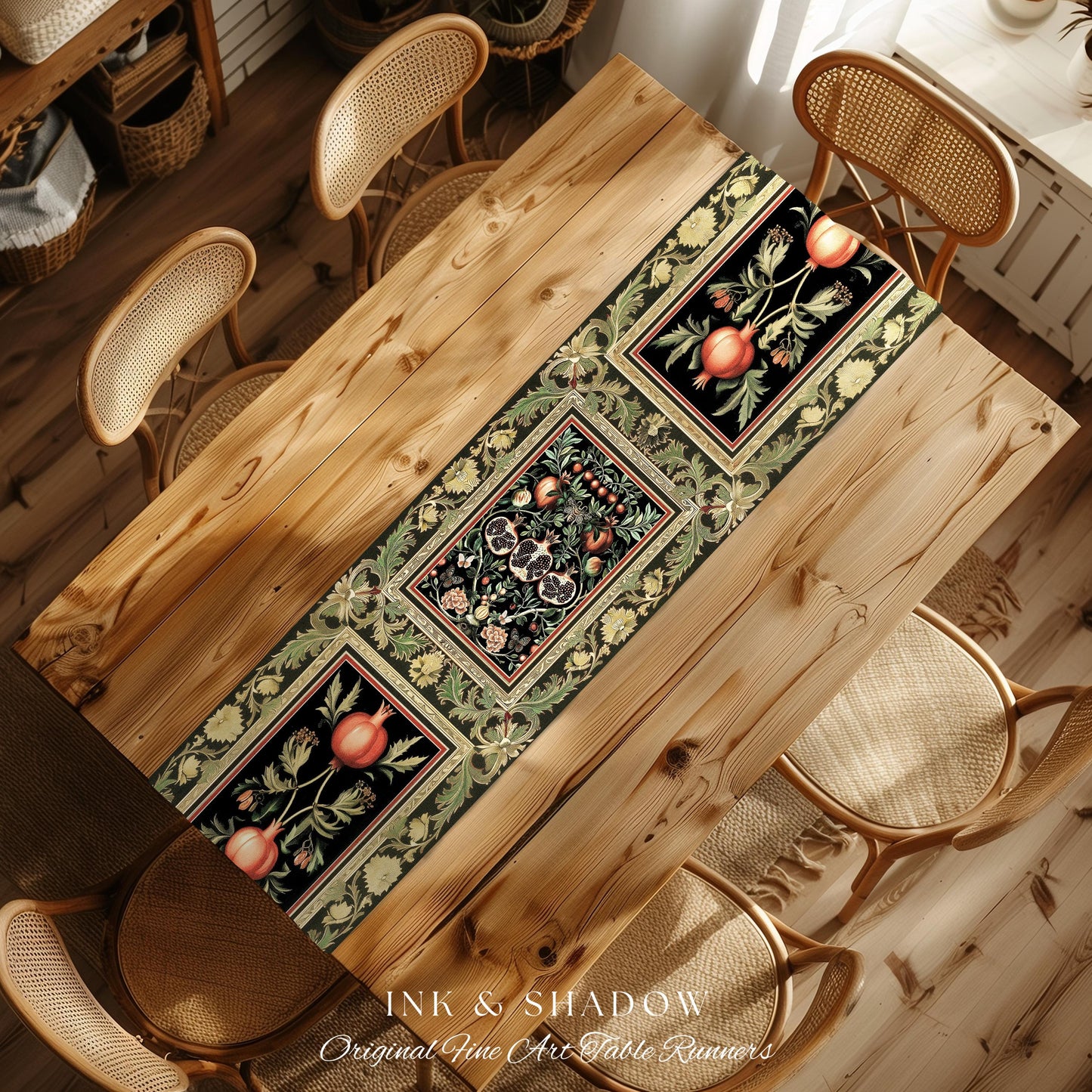 Forestcore Moody Maximalism Pomegranate Table Runner Earthy Whimsigoth Aesthetic, Floral Fairycore Grunge Medieval Nature Inspired Botanical