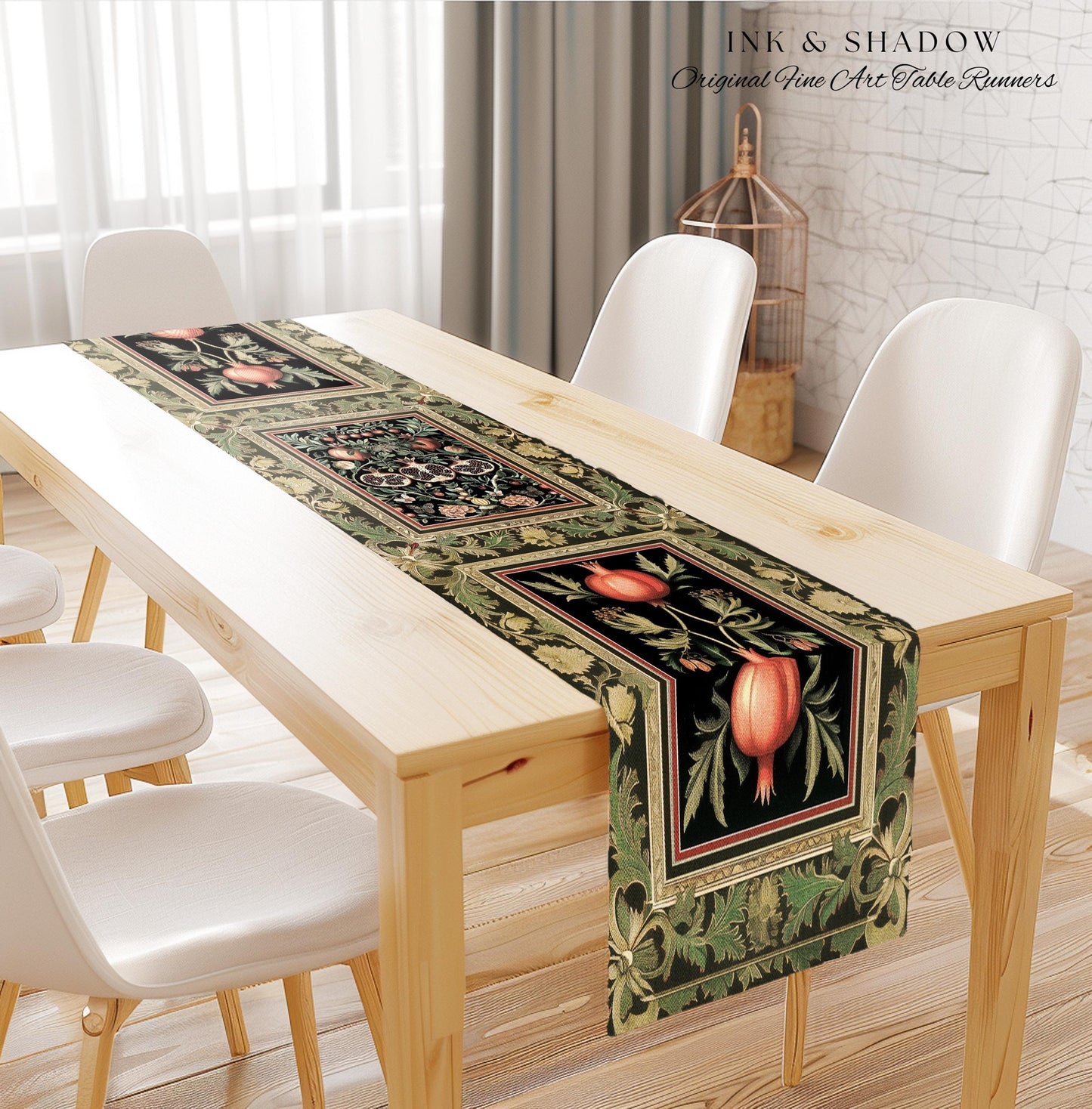 Forestcore Moody Maximalism Pomegranate Table Runner Earthy Whimsigoth Aesthetic, Floral Fairycore Grunge Medieval Nature Inspired Botanical