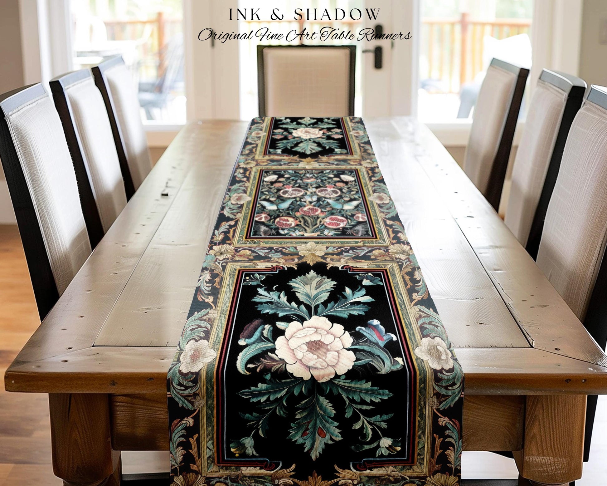 Baroque Botanical Pomegranate Butterfly Table Runner Nature Inspired Fairy Forestcore Art, Floral Victorian Gothic Woodland Whimsy Aesthetic