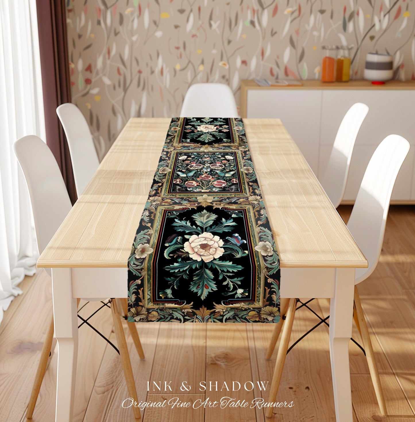 Baroque Botanical Pomegranate Butterfly Table Runner Nature Inspired Fairy Forestcore Art, Floral Victorian Gothic Woodland Whimsy Aesthetic