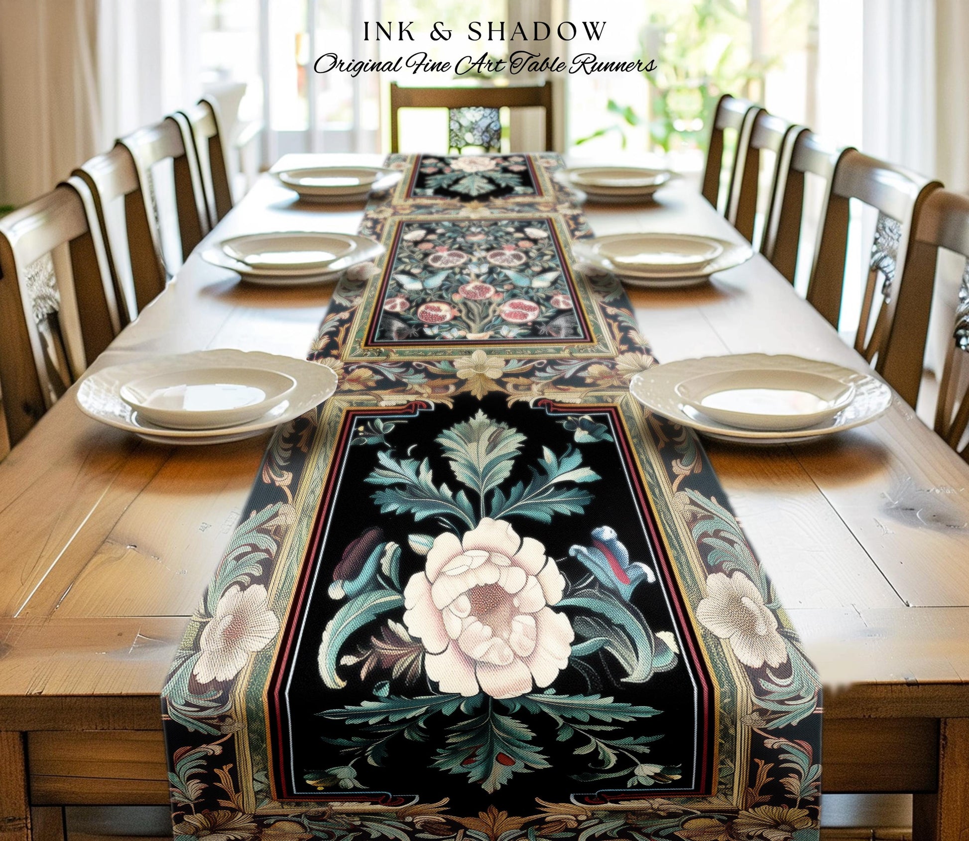 Baroque Botanical Pomegranate Butterfly Table Runner Nature Inspired Fairy Forestcore Art, Floral Victorian Gothic Woodland Whimsy Aesthetic