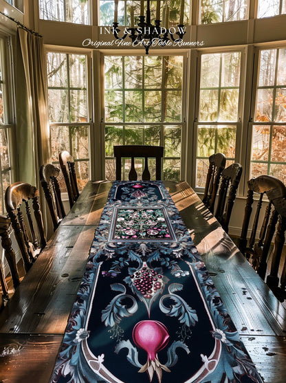 Enchanted Floral Pomegranate Table Runner Whimsigothic Botanical Cottagecore, Dark Academia Decor Indigo Blue Art Nouveau Mantle Accents |