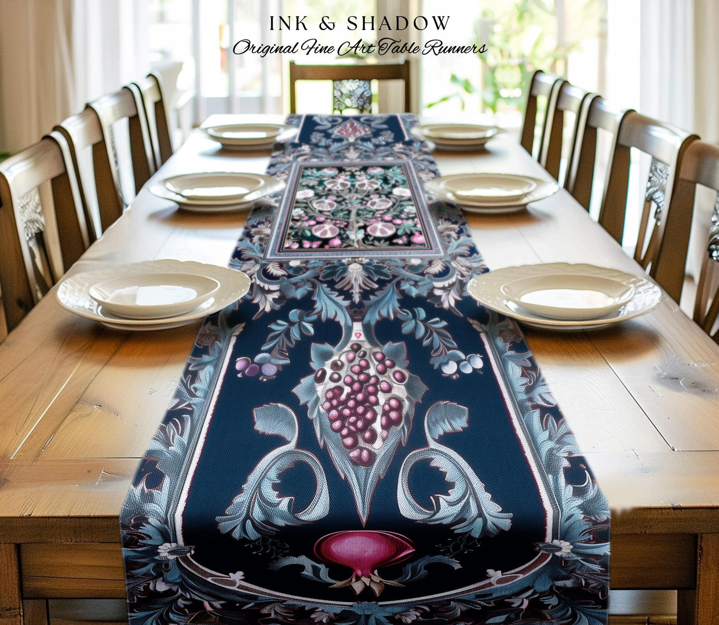 Enchanted Floral Pomegranate Table Runner Whimsigothic Botanical Cottagecore, Dark Academia Decor Indigo Blue Art Nouveau Mantle Accents |