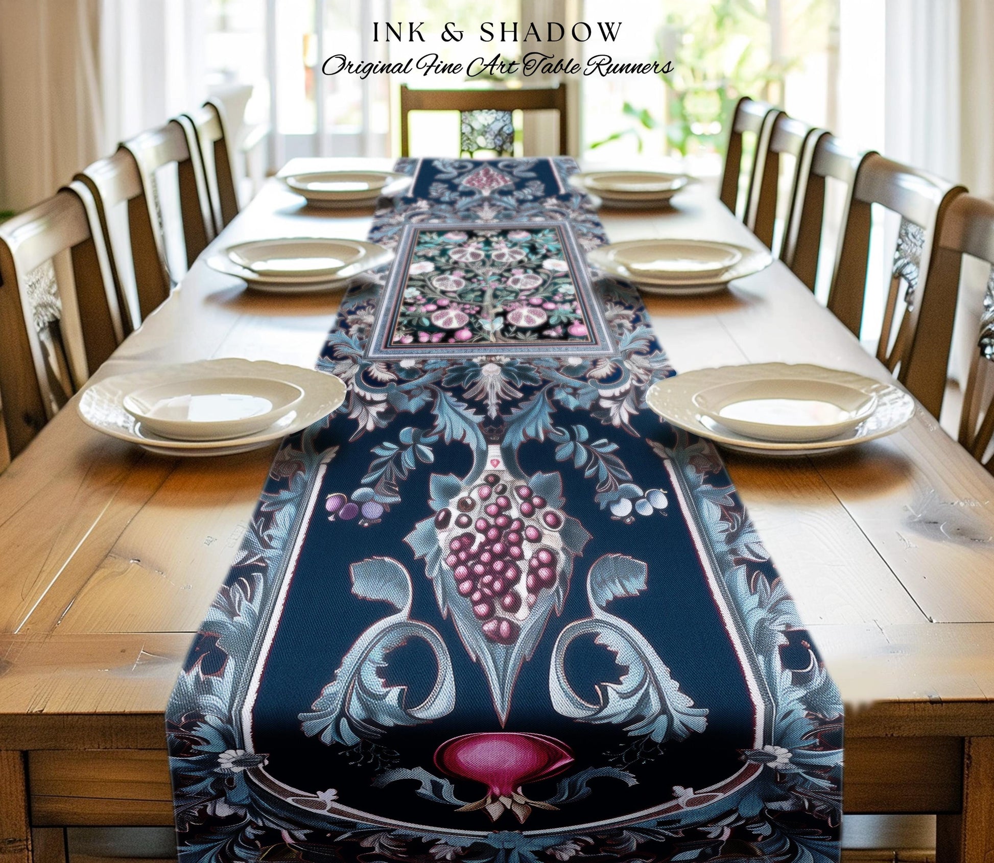 Enchanted Floral Pomegranate Table Runner Whimsigothic Botanical Cottagecore, Dark Academia Decor Indigo Blue Art Nouveau Mantle Accents |