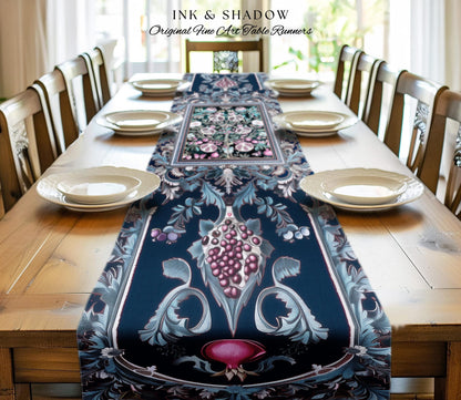 Enchanted Floral Pomegranate Table Runner Whimsigothic Botanical Cottagecore, Dark Academia Decor Indigo Blue Art Nouveau Mantle Accents |