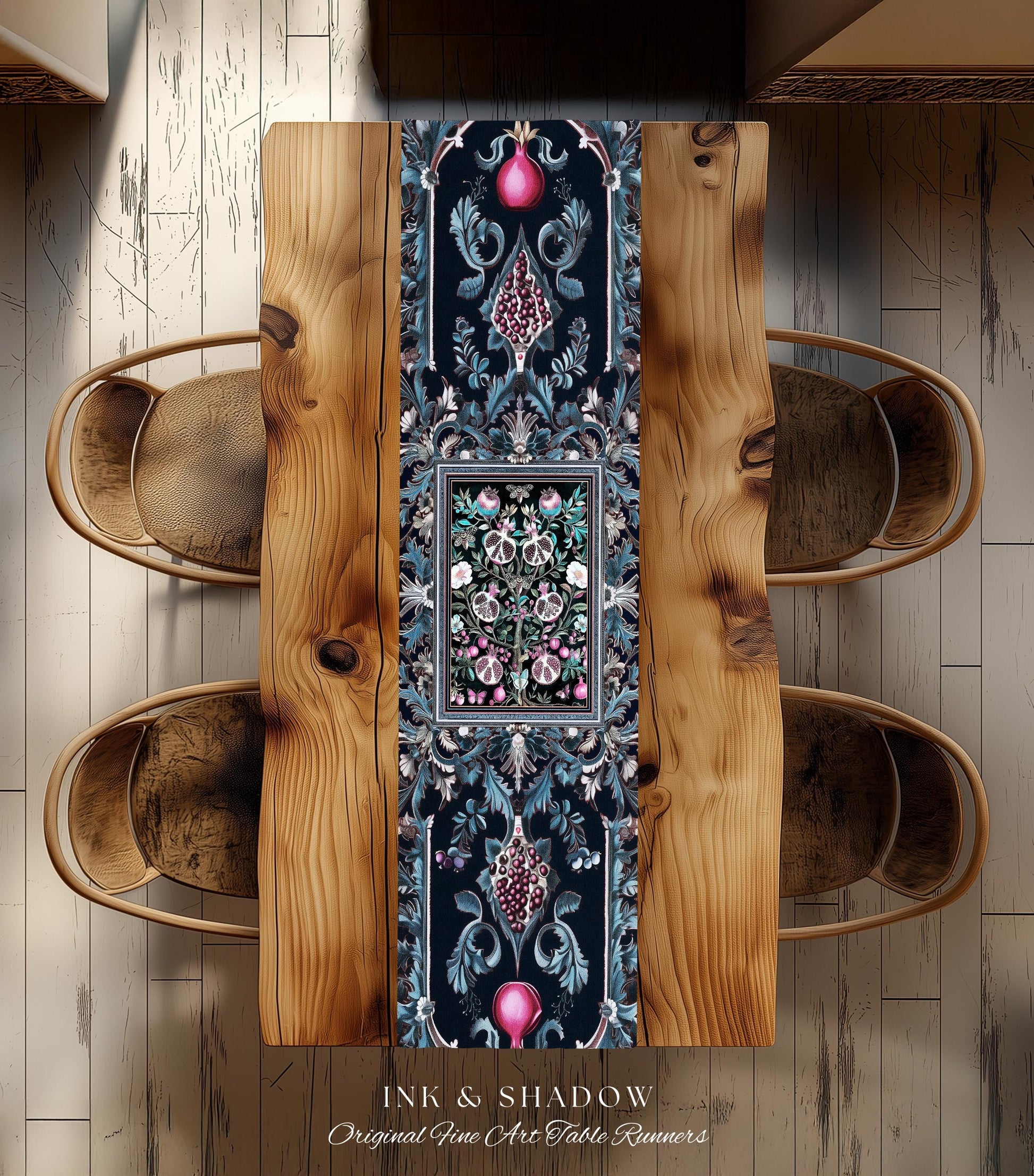 Enchanted Floral Pomegranate Table Runner Whimsigothic Botanical Cottagecore, Dark Academia Decor Indigo Blue Art Nouveau Mantle Accents |