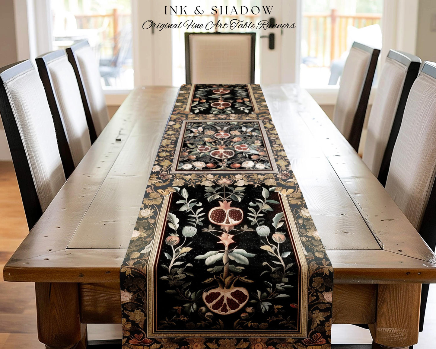 Victorian Gothic Pomegranate Table Runner Dark Botanical Vintage Aesthetic Decor | Enchanted Forest Wildflower Art Butterfly Dining Room |